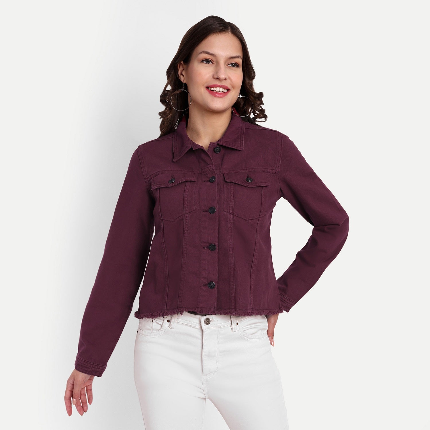 Women's Wine Fringed Denim Jacket