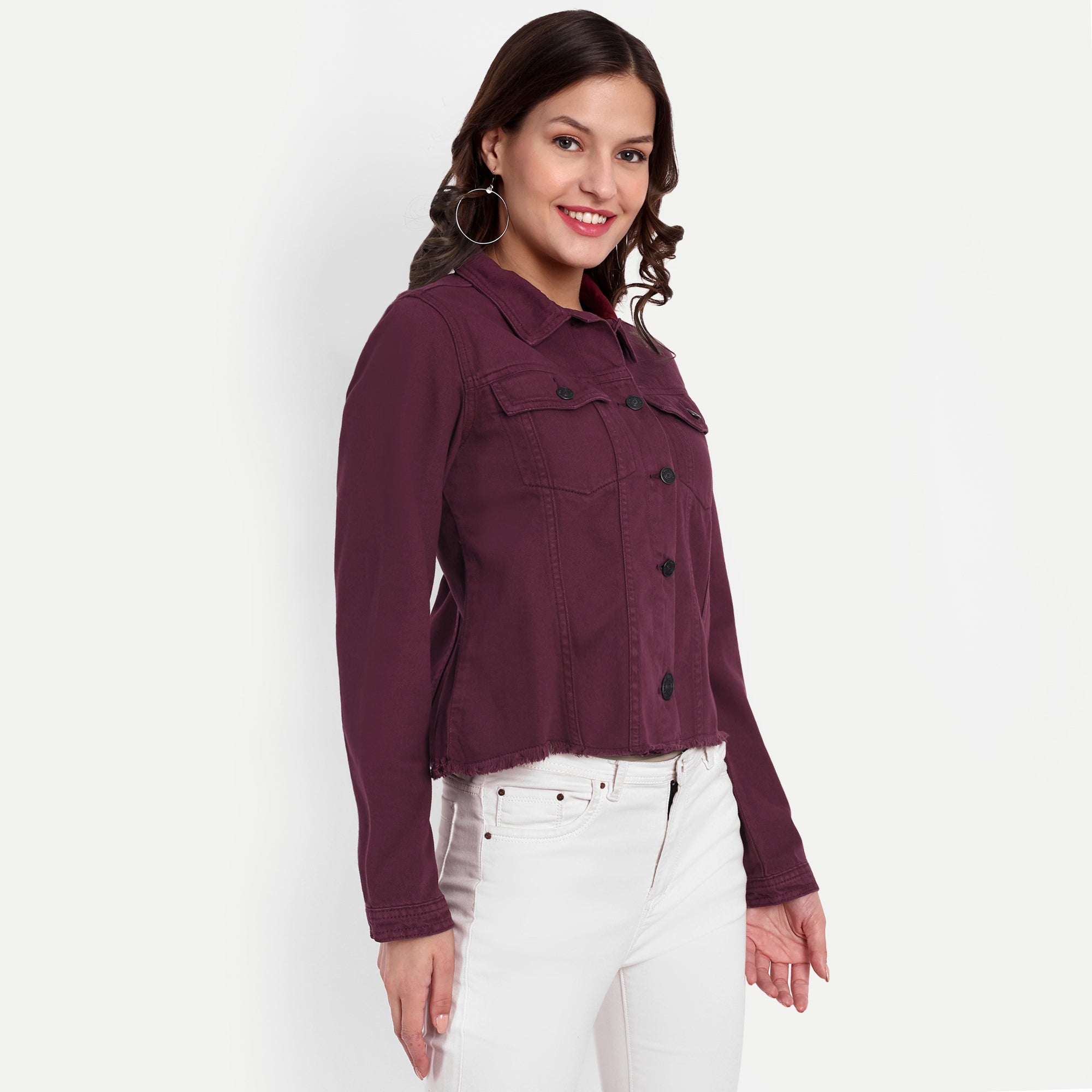 Women's Wine Fringed Denim Jacket