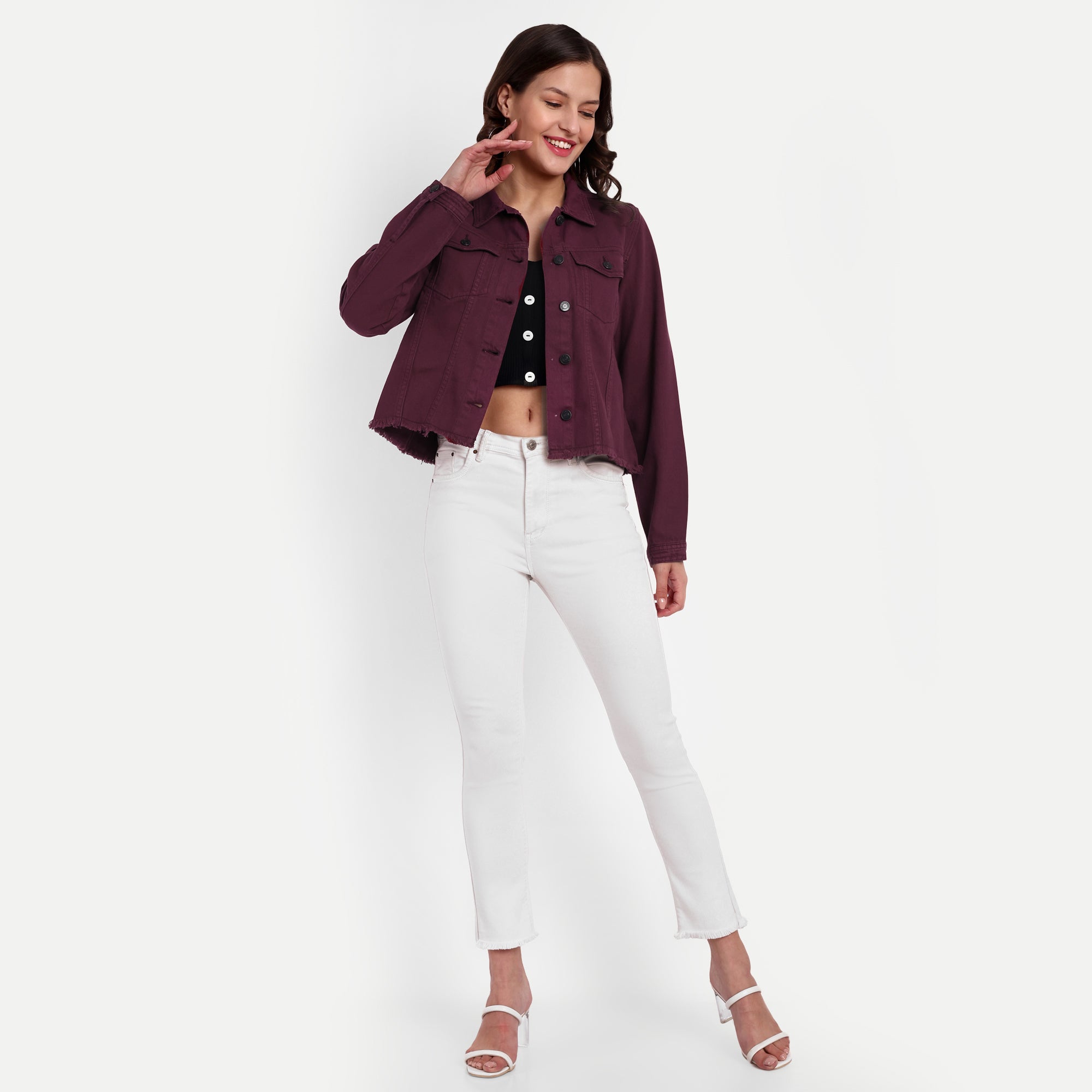 Women's Wine Fringed Denim Jacket
