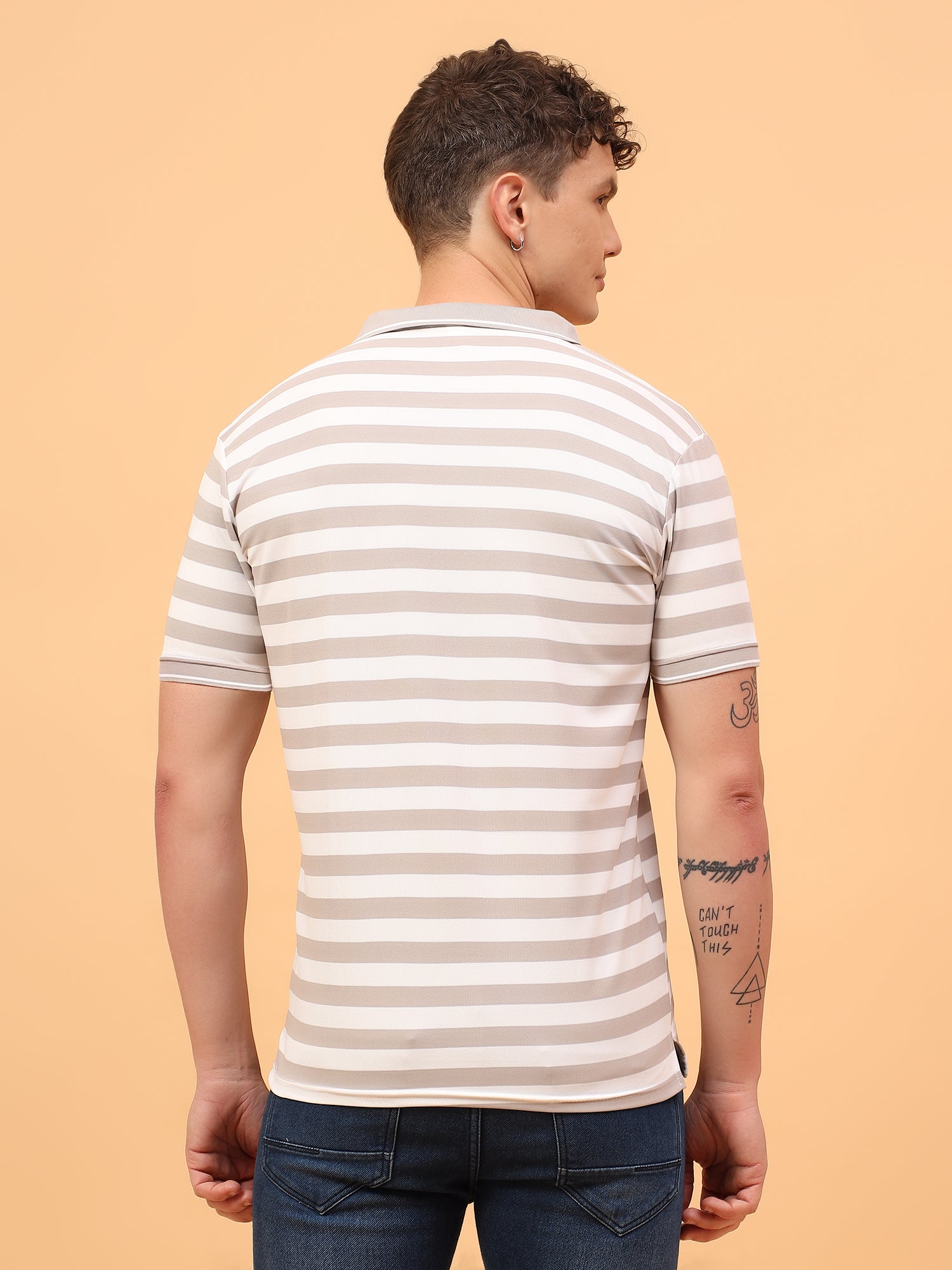 Men's Beige & White Striped Polo Neck T-Shirt