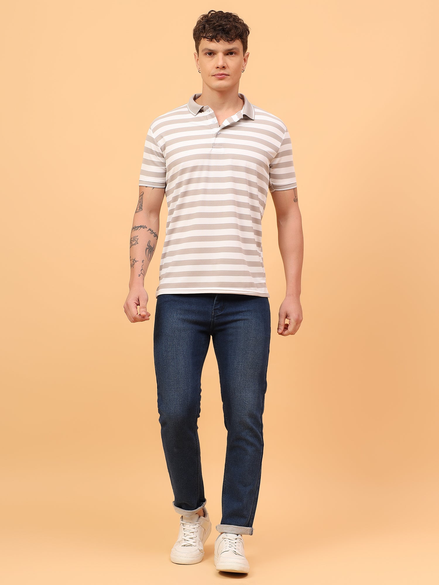 Men's Beige & White Striped Polo Neck T-Shirt