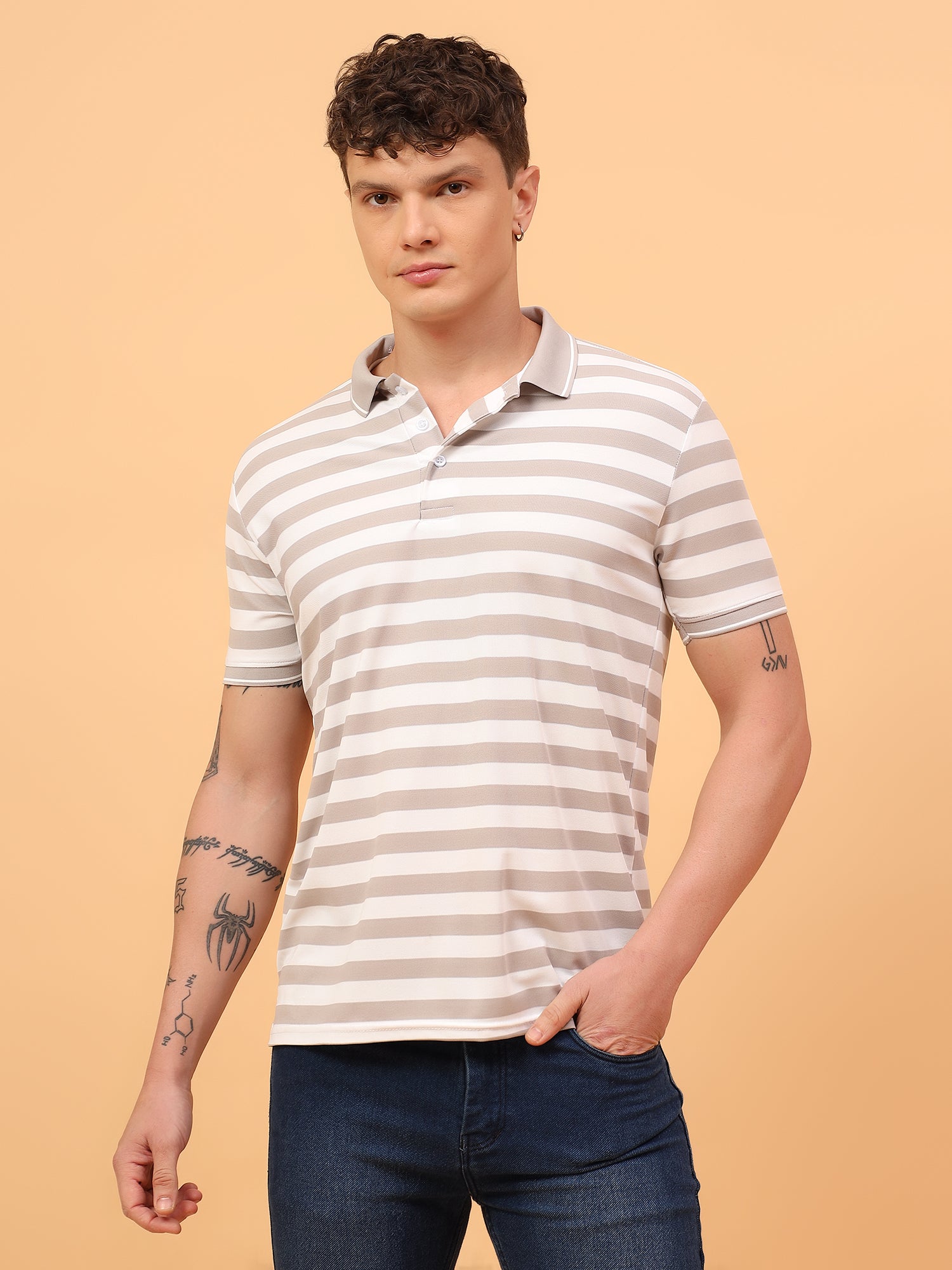 Men's Beige & White Striped Polo Neck T-Shirt