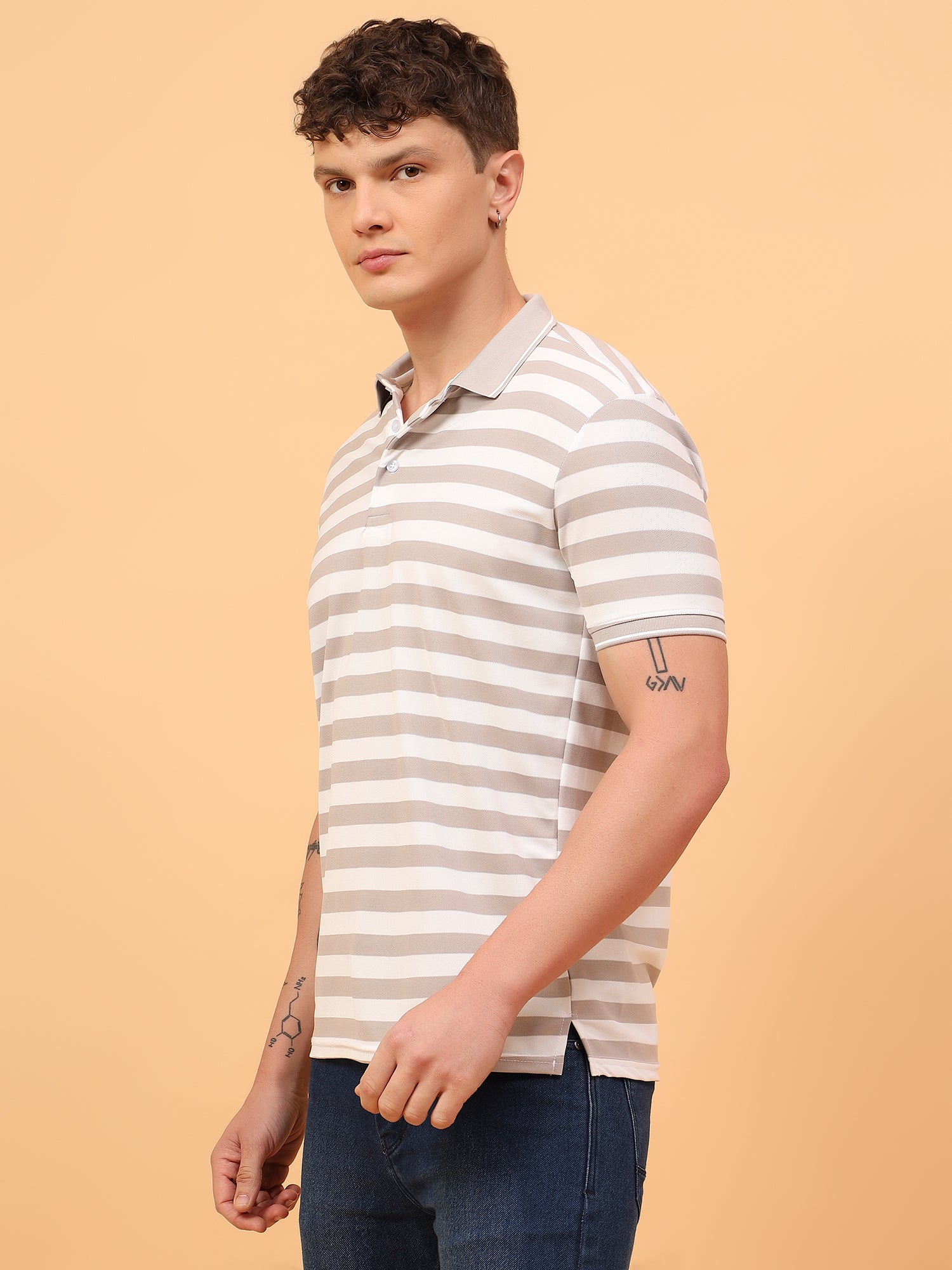 Men's Beige & White Striped Polo Neck T-Shirt