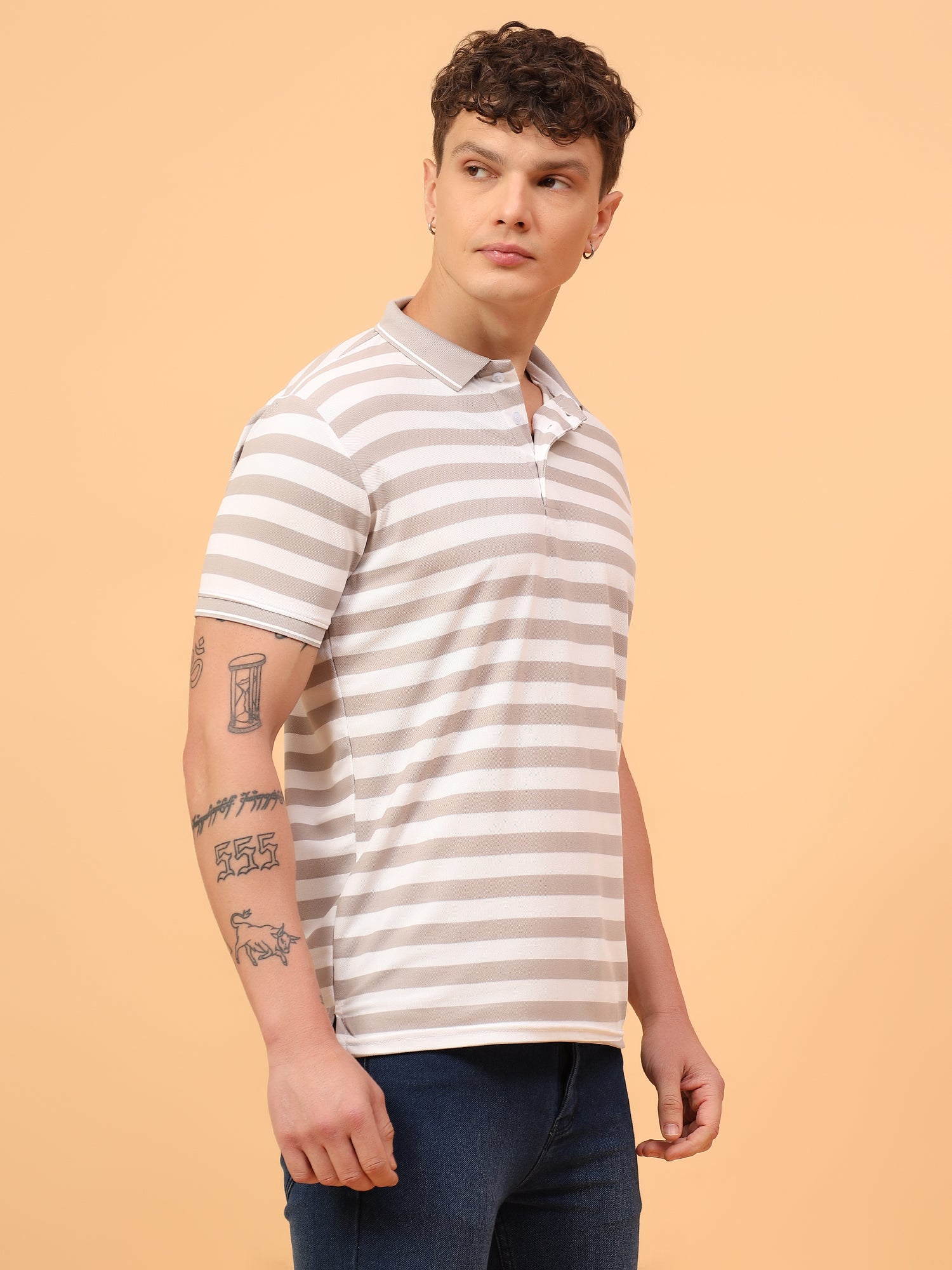 Men's Beige & White Striped Polo Neck T-Shirt