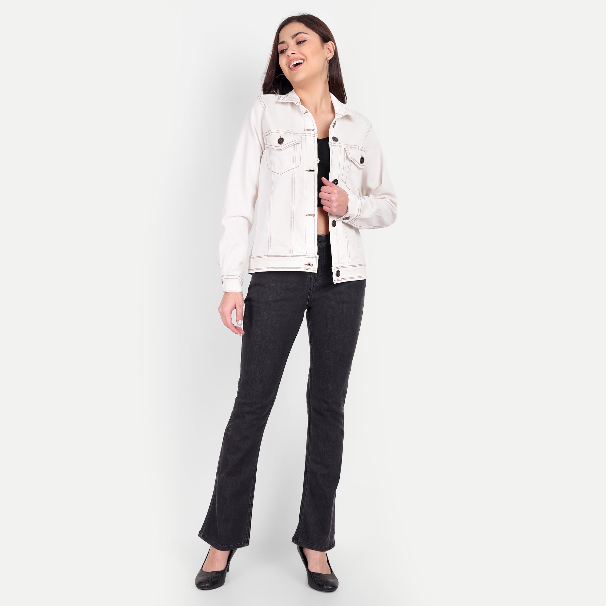 Women's Off White Contrast Stich Trucker Jacket