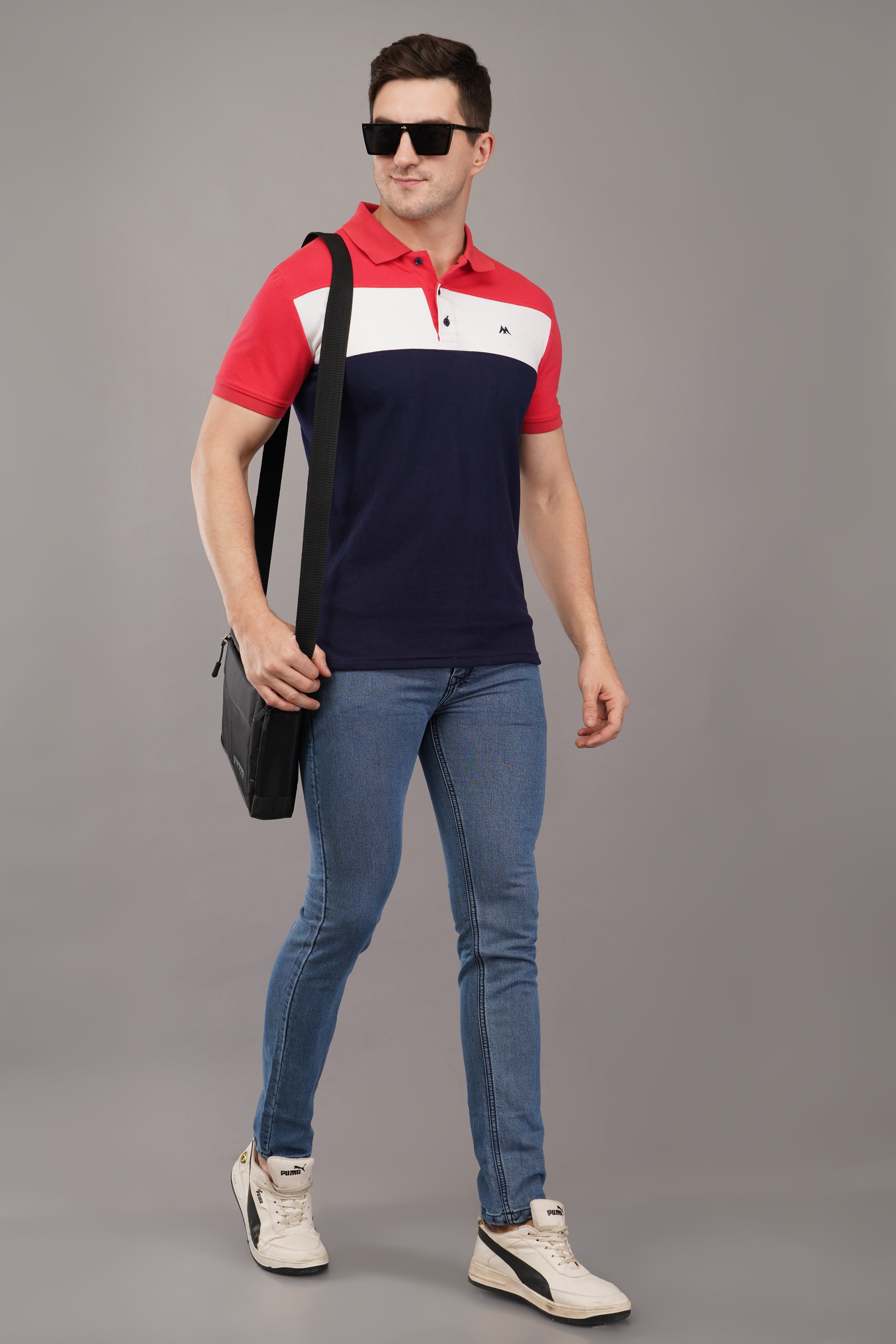 Men's Navy Blue Colorblock Polo Neck T-Shirt