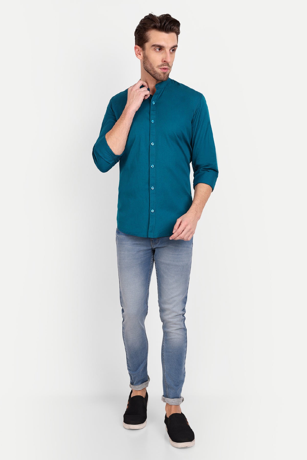 Turquoise shirt deals with jeans