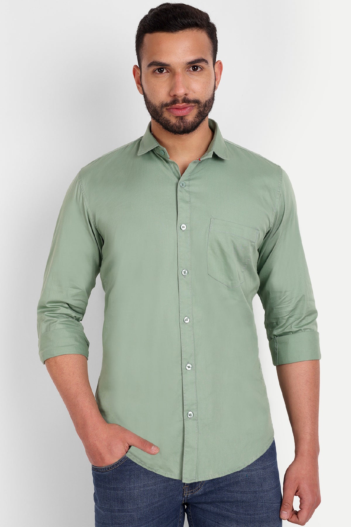 Men's Slim Fit Regular Collar Pista Green Shirt