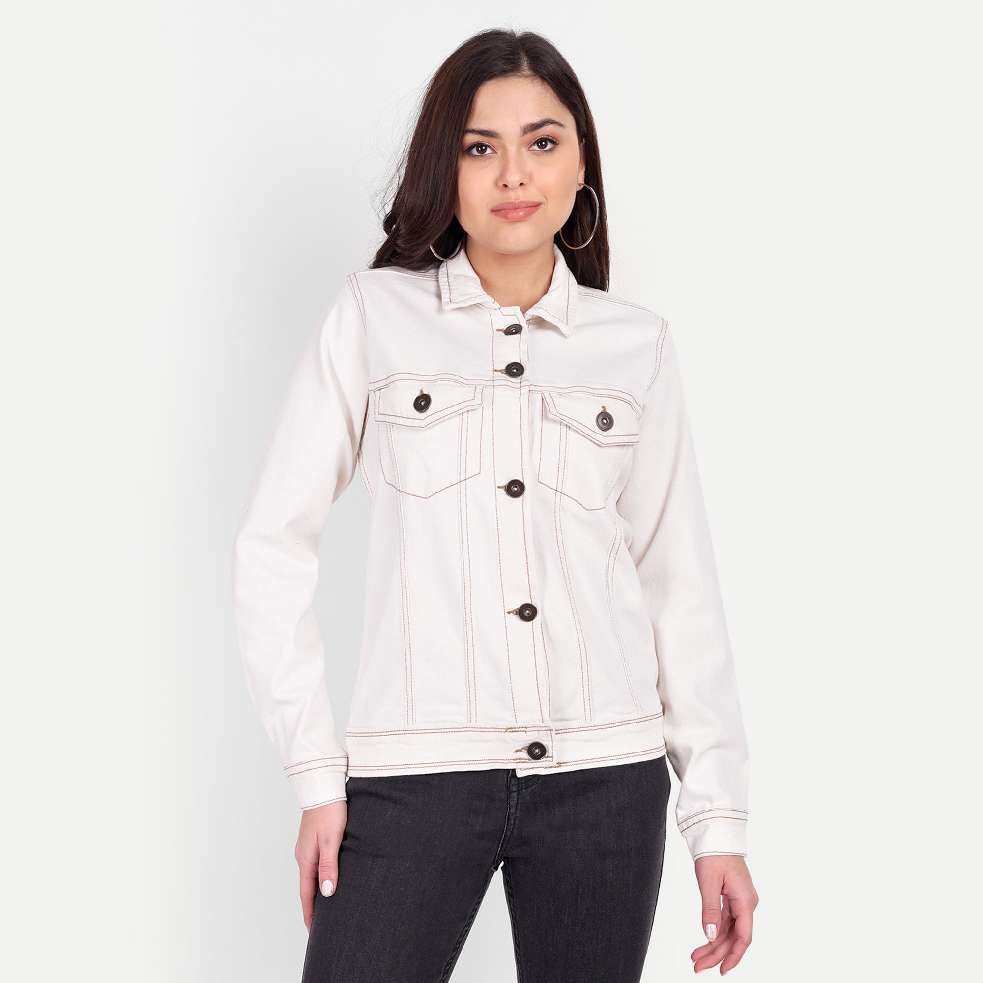 Women's Off White Contrast Stich Trucker Jacket