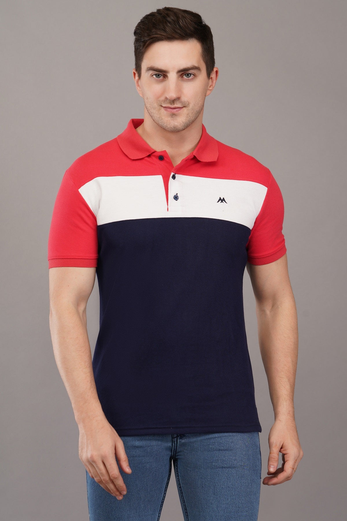 Men's Navy Blue Colorblock Polo Neck T-Shirt