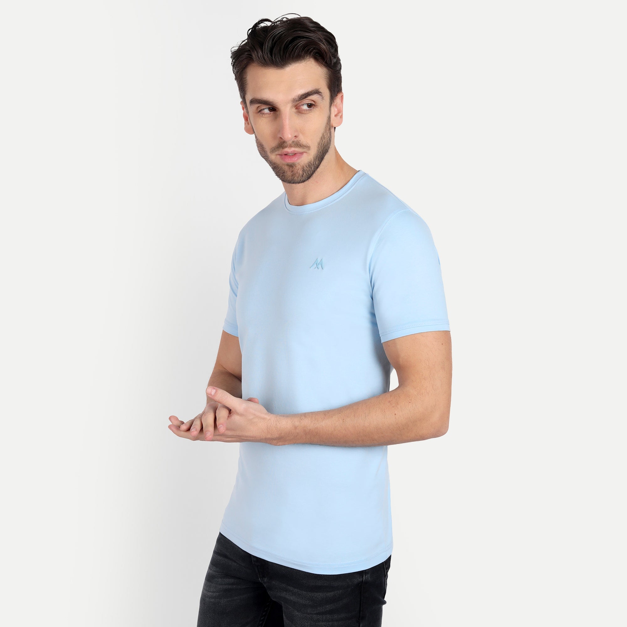 Men's Solid Sky Blue Round Neck T-Shirt