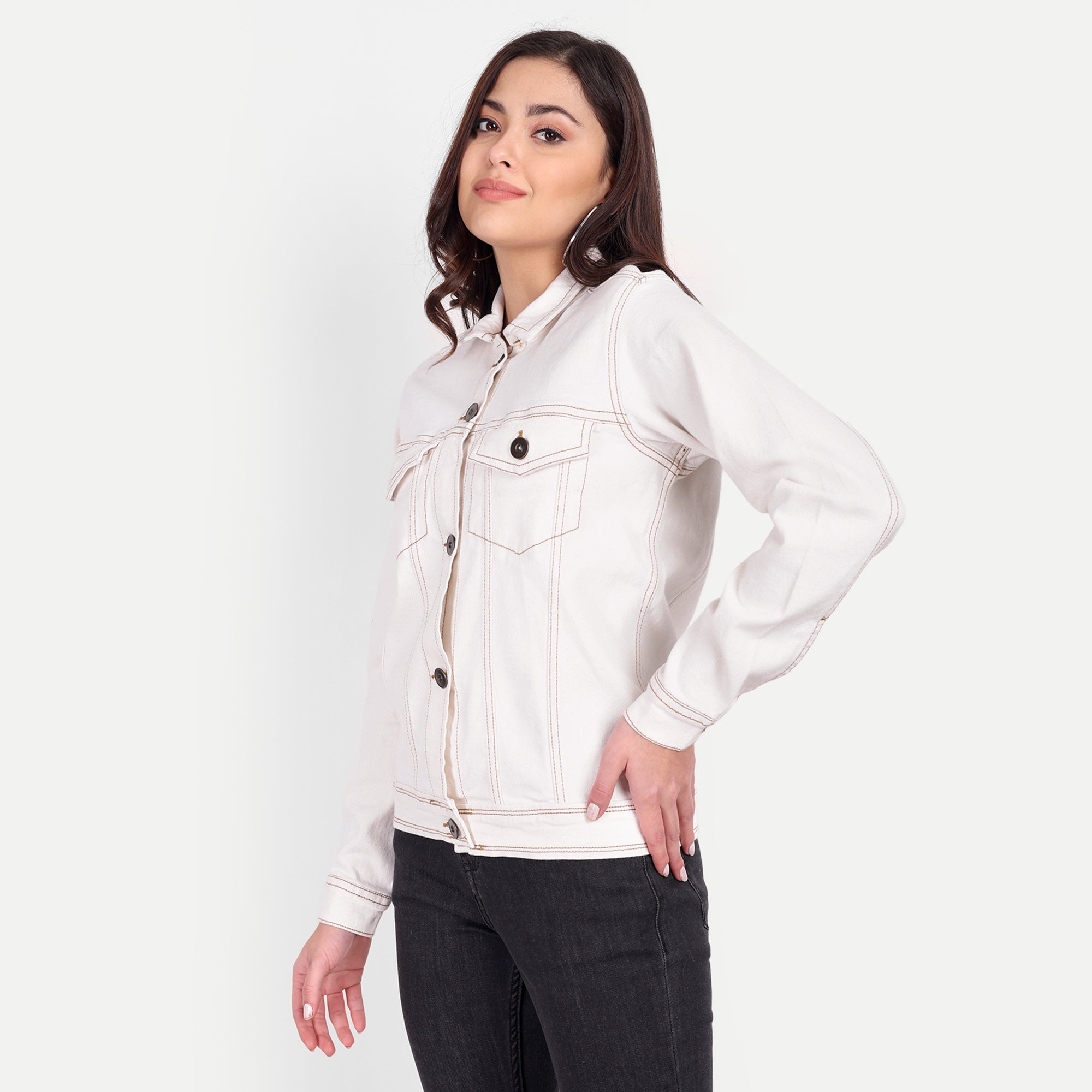 Women's Off White Contrast Stich Trucker Jacket