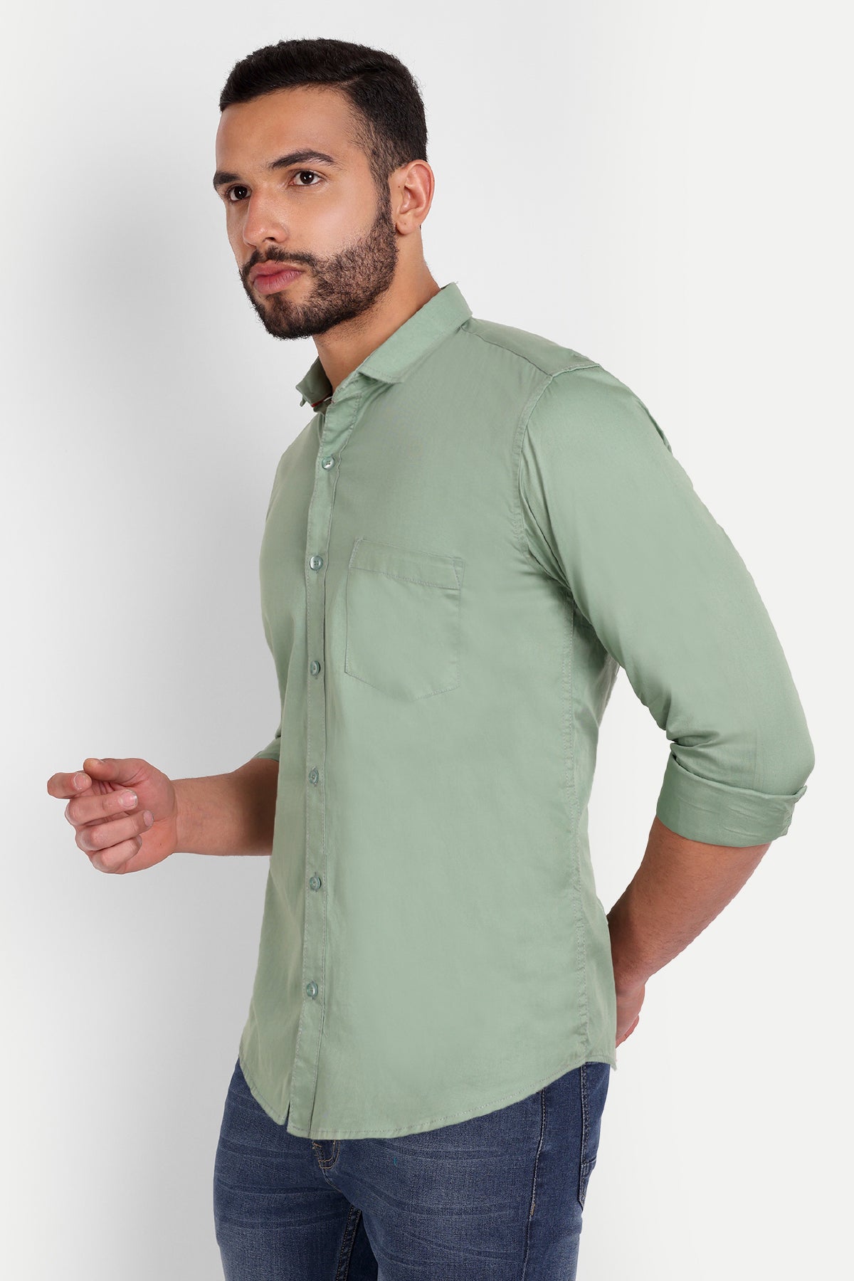 Men's Slim Fit Regular Collar Pista Green Shirt