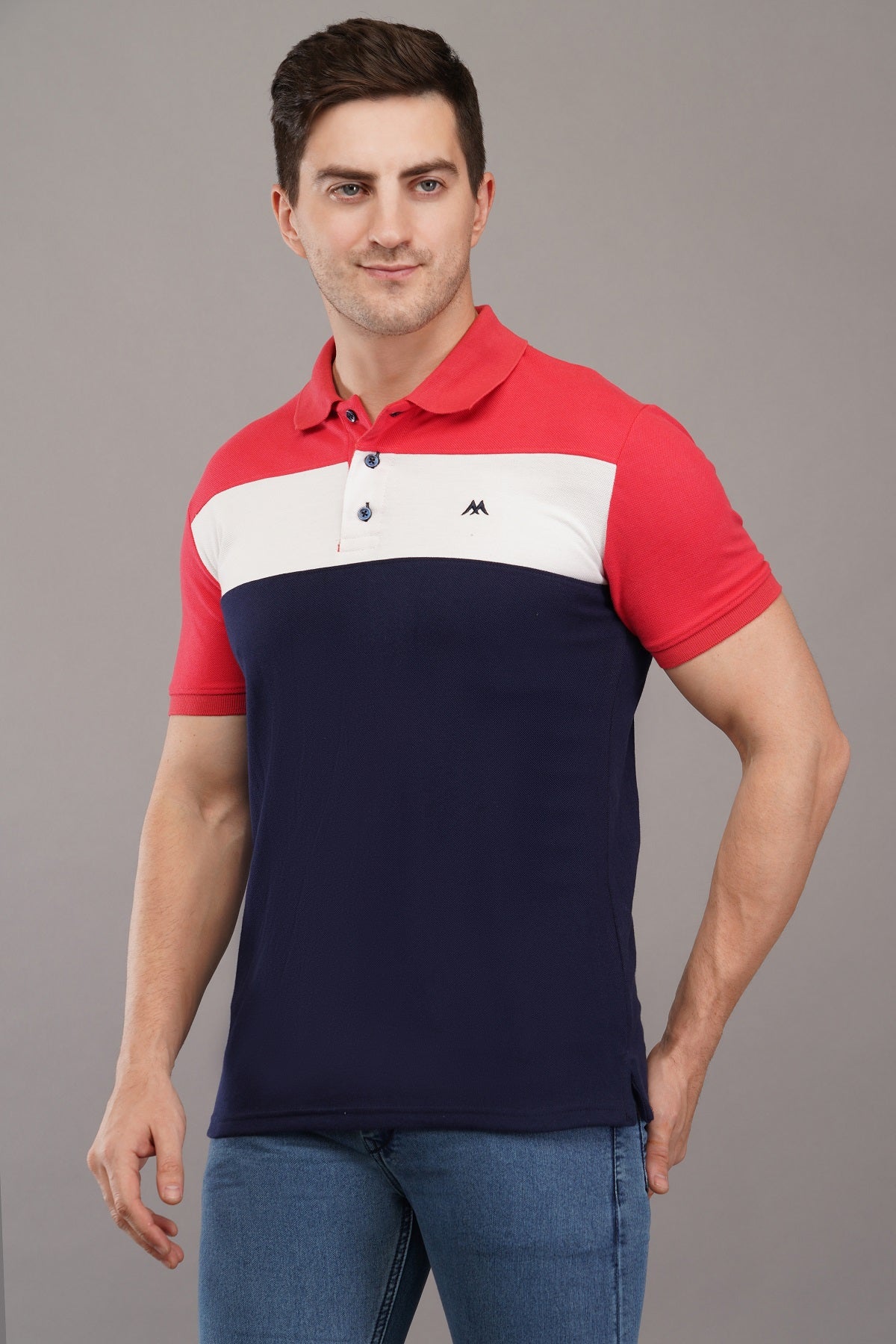 Men's Navy Blue Colorblock Polo Neck T-Shirt