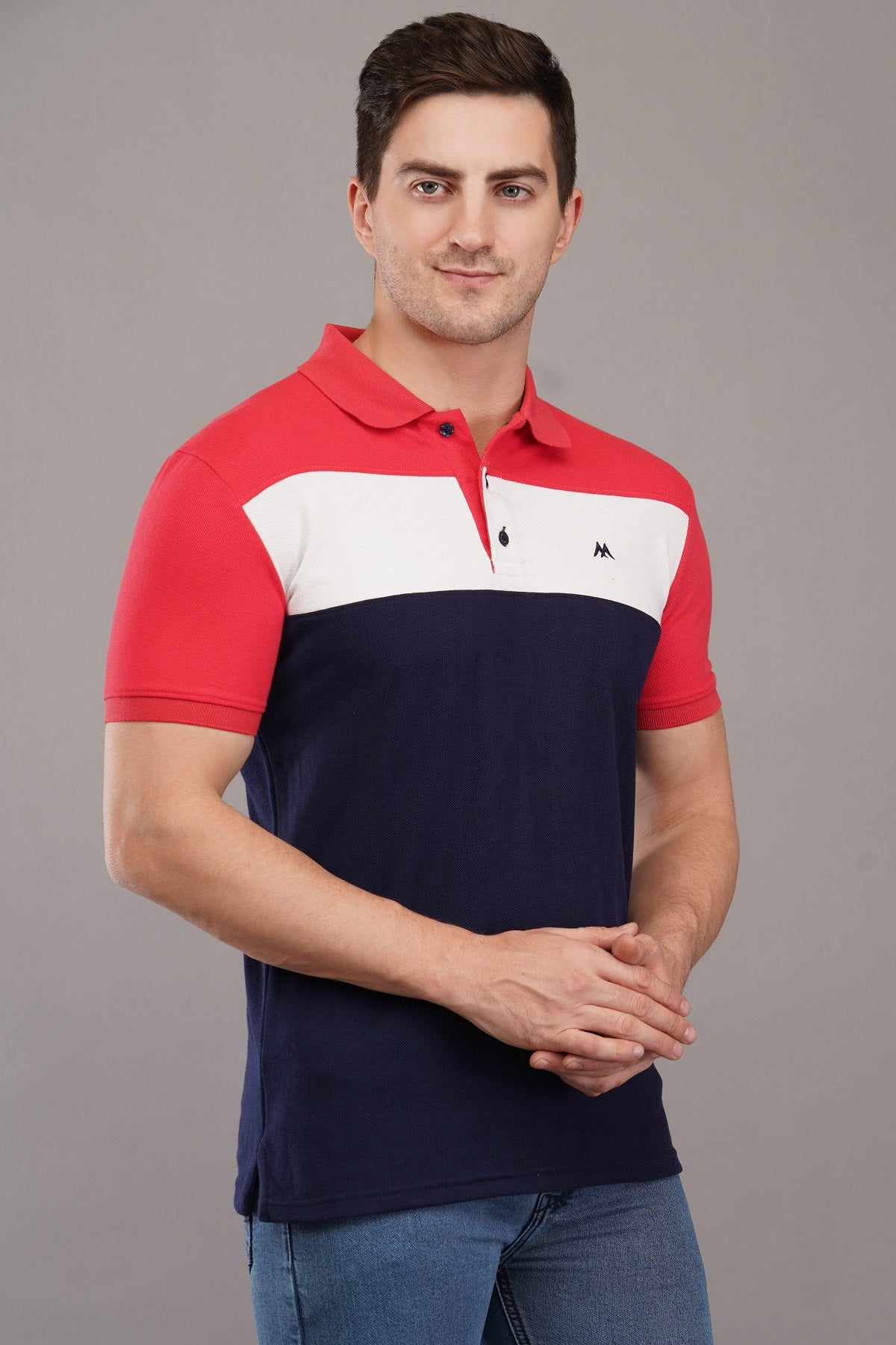 Men's Navy Blue Colorblock Polo Neck T-Shirt
