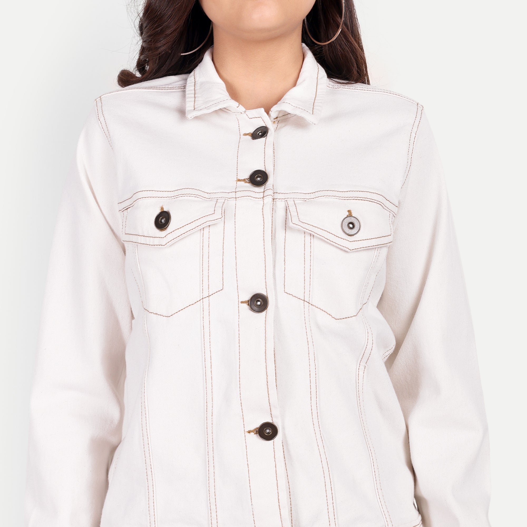 Women's Off White Contrast Stich Trucker Jacket