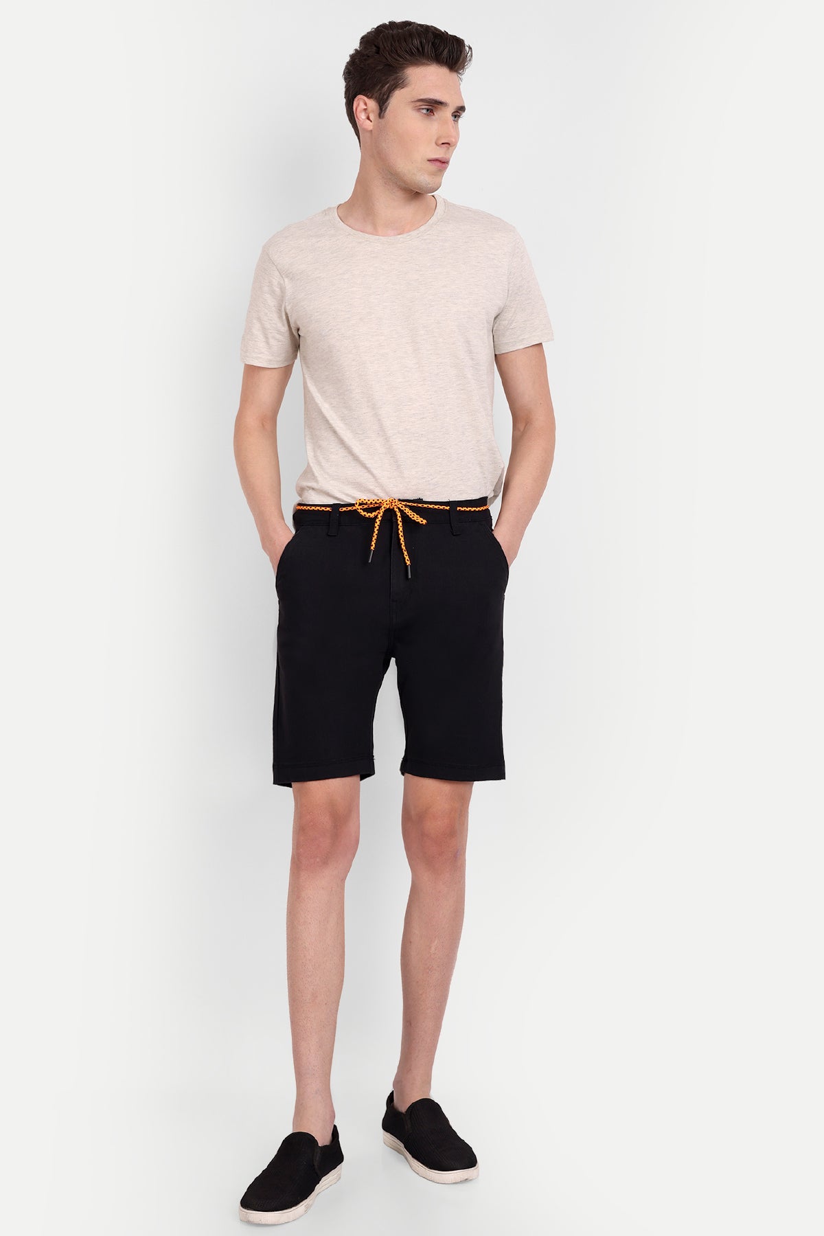 Men Black Denim Drawcord Shorts