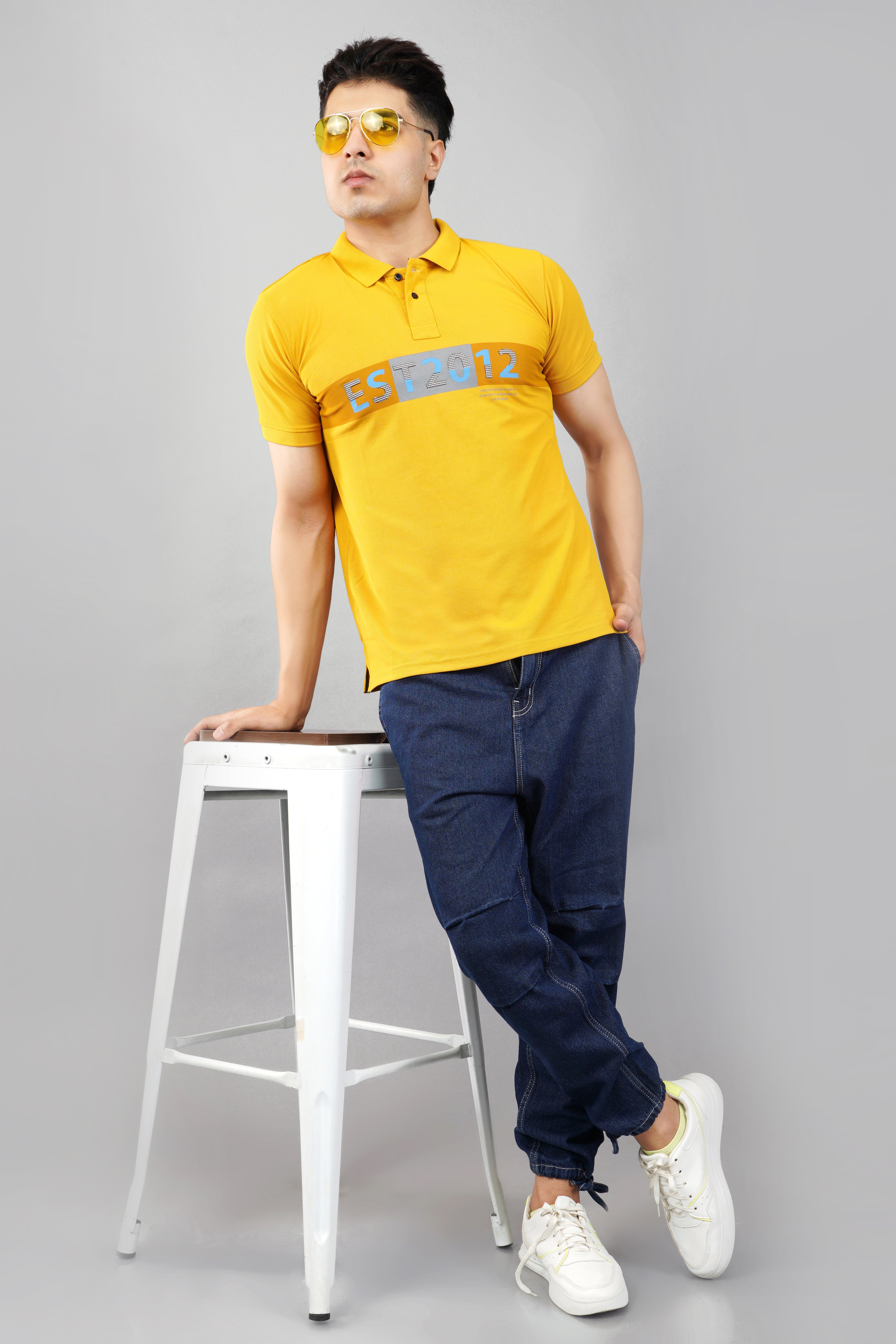 Men's Graphic Printed Yellow Polo Neck T-Shirt
