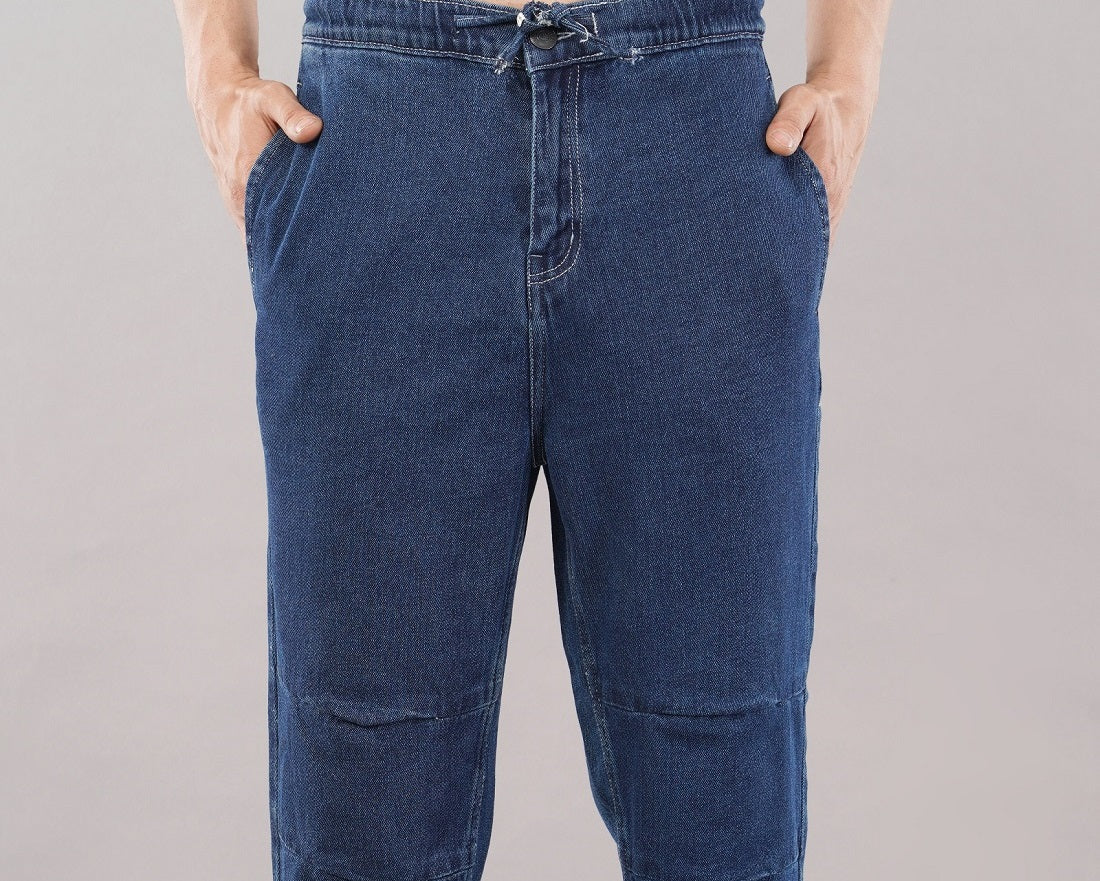 Men's Blue Fit Denim Jeans with Drawstring Hem