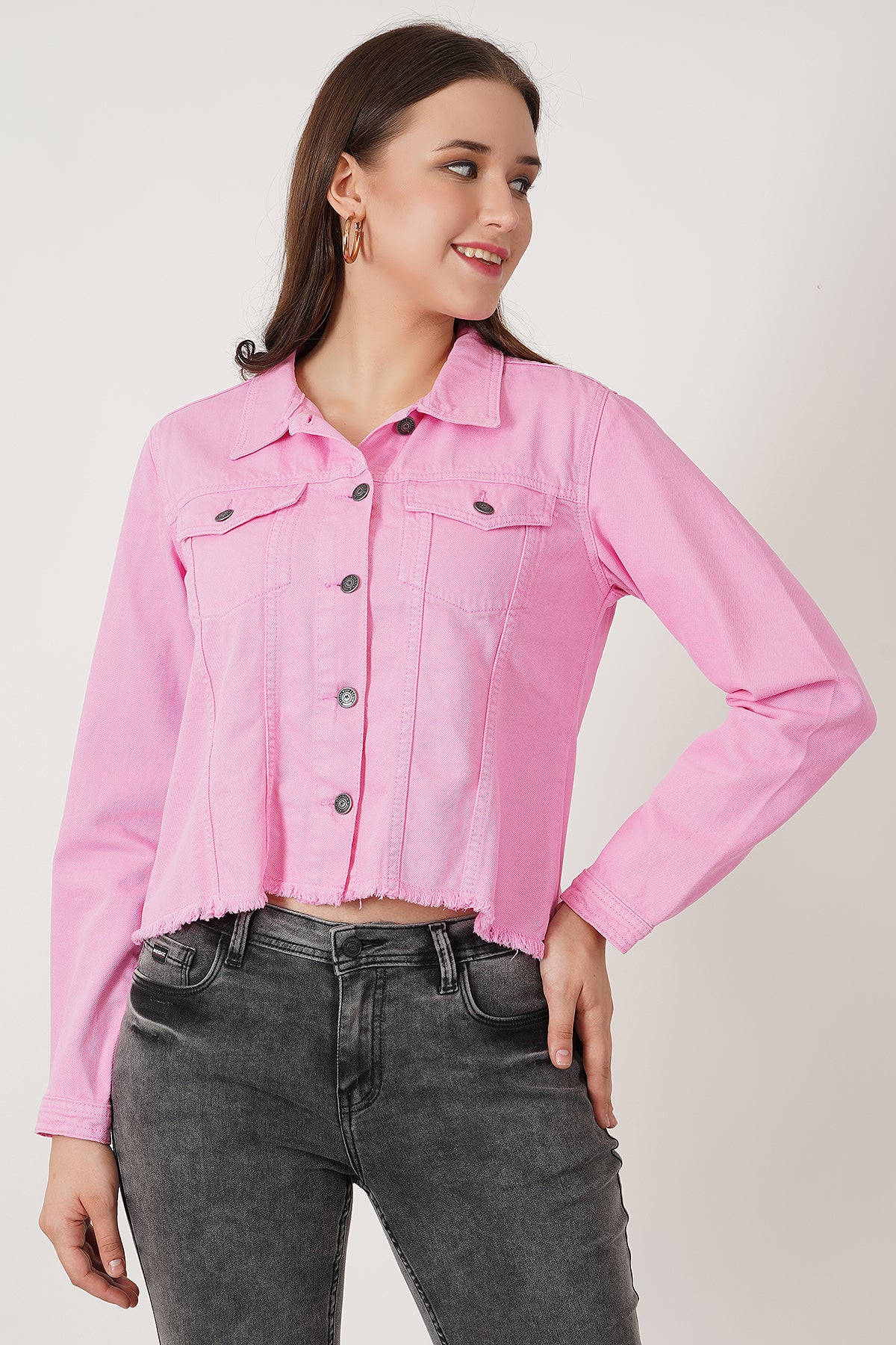 Women Pink Fringed Denim Jacket