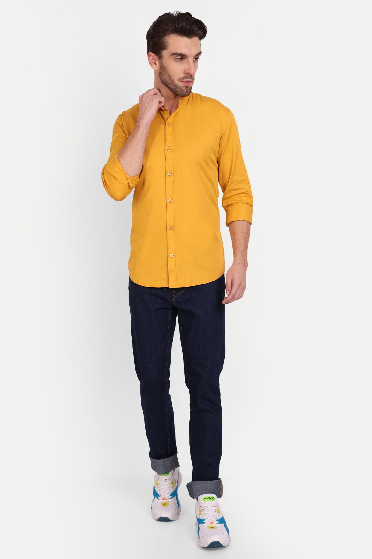 Men Slim Fit Mandarin Collar Mustard Shirt