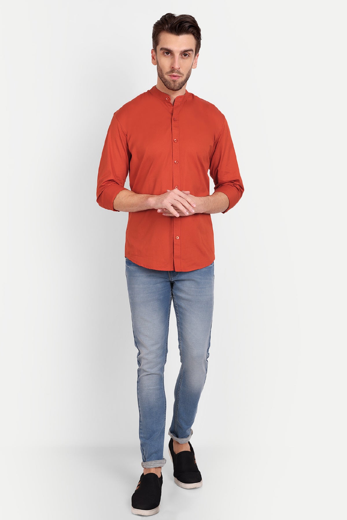 Men Slim Fit Mandarin Collar Rust Shirt