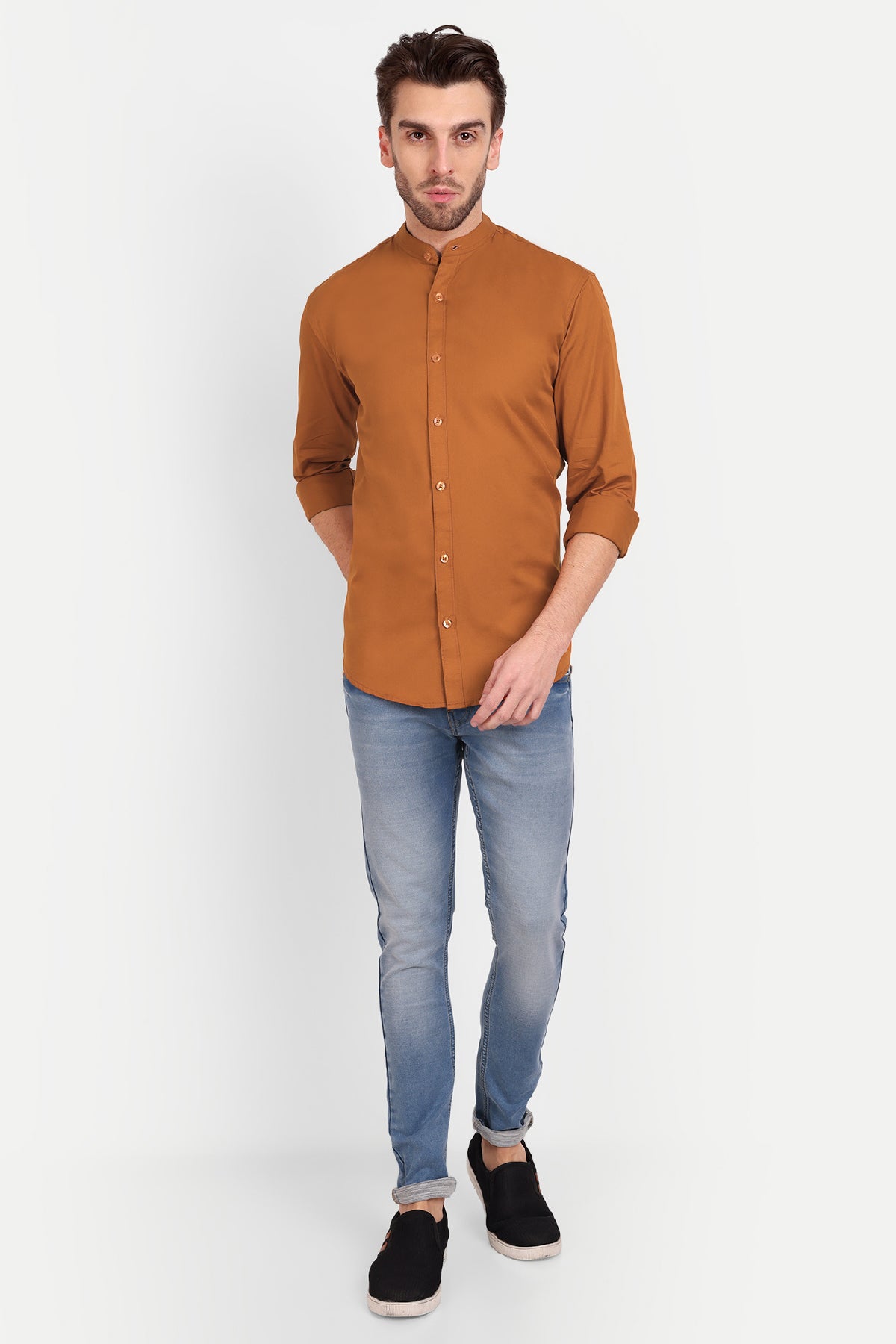 Men Slim Fit Mandarin Collar Copper Shirt