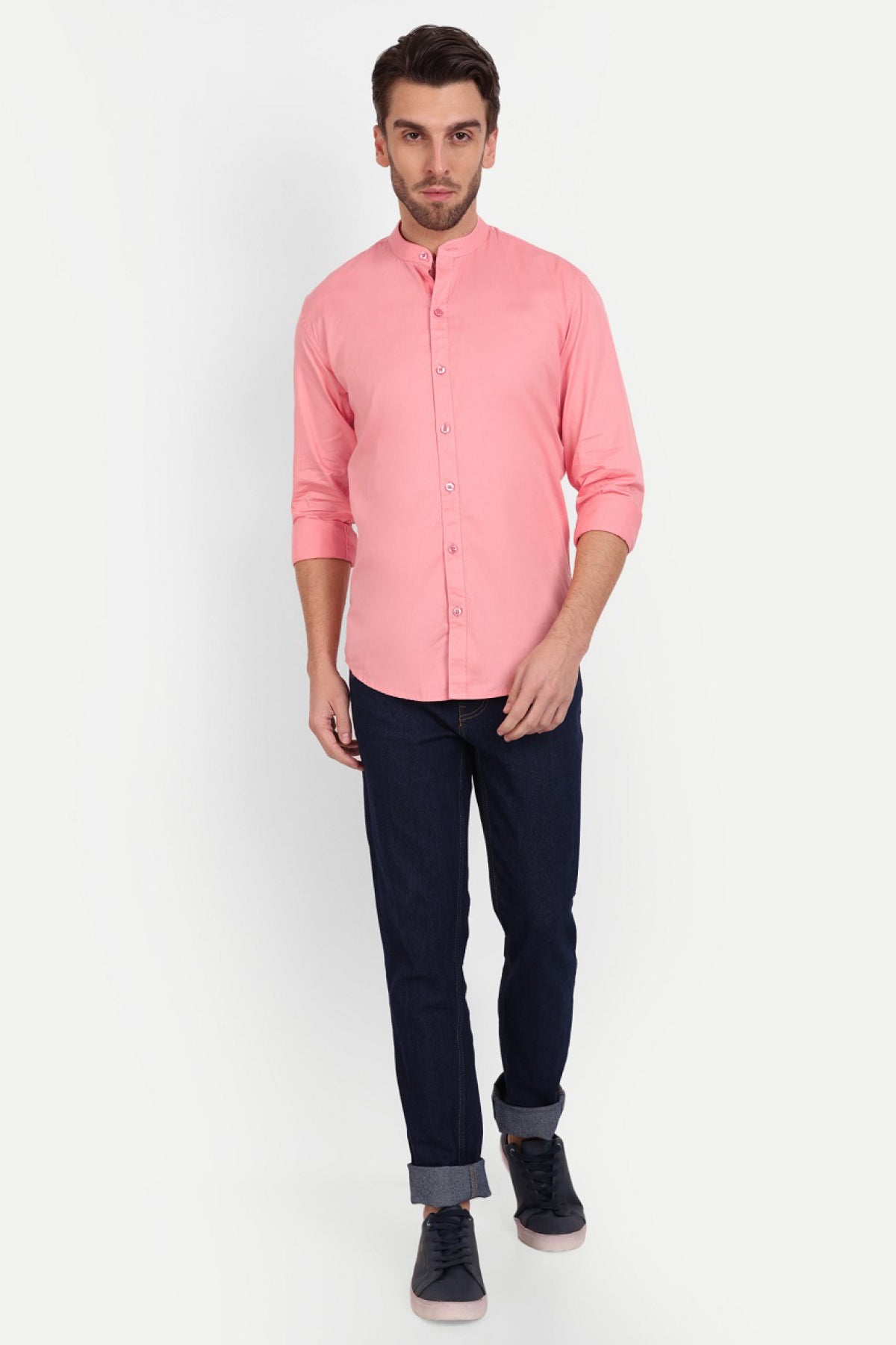 Men Slim Fit Mandarin Collar Dusty Pink Shirt