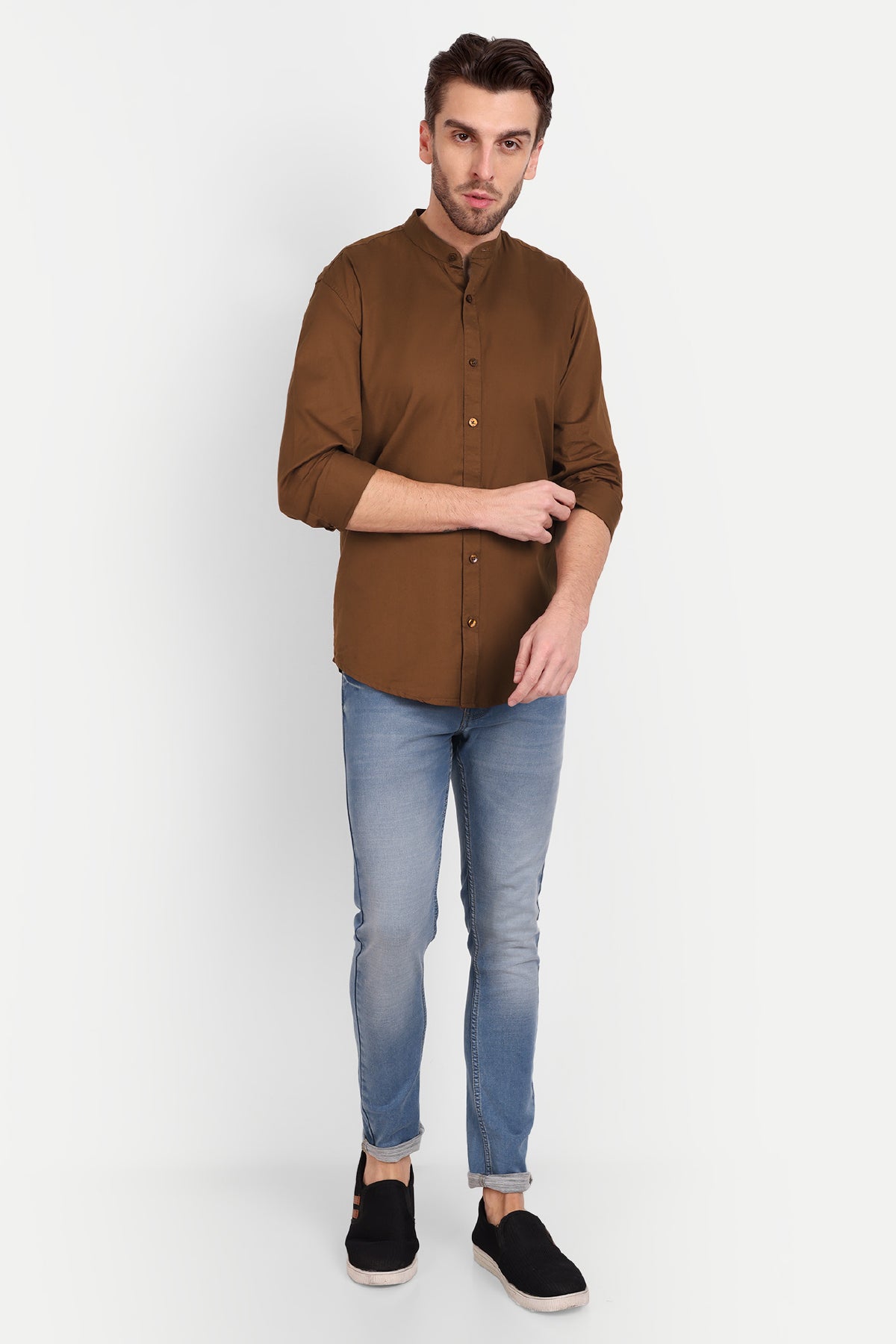 Men Slim Fit Mandarin Collar Coffee Shirt