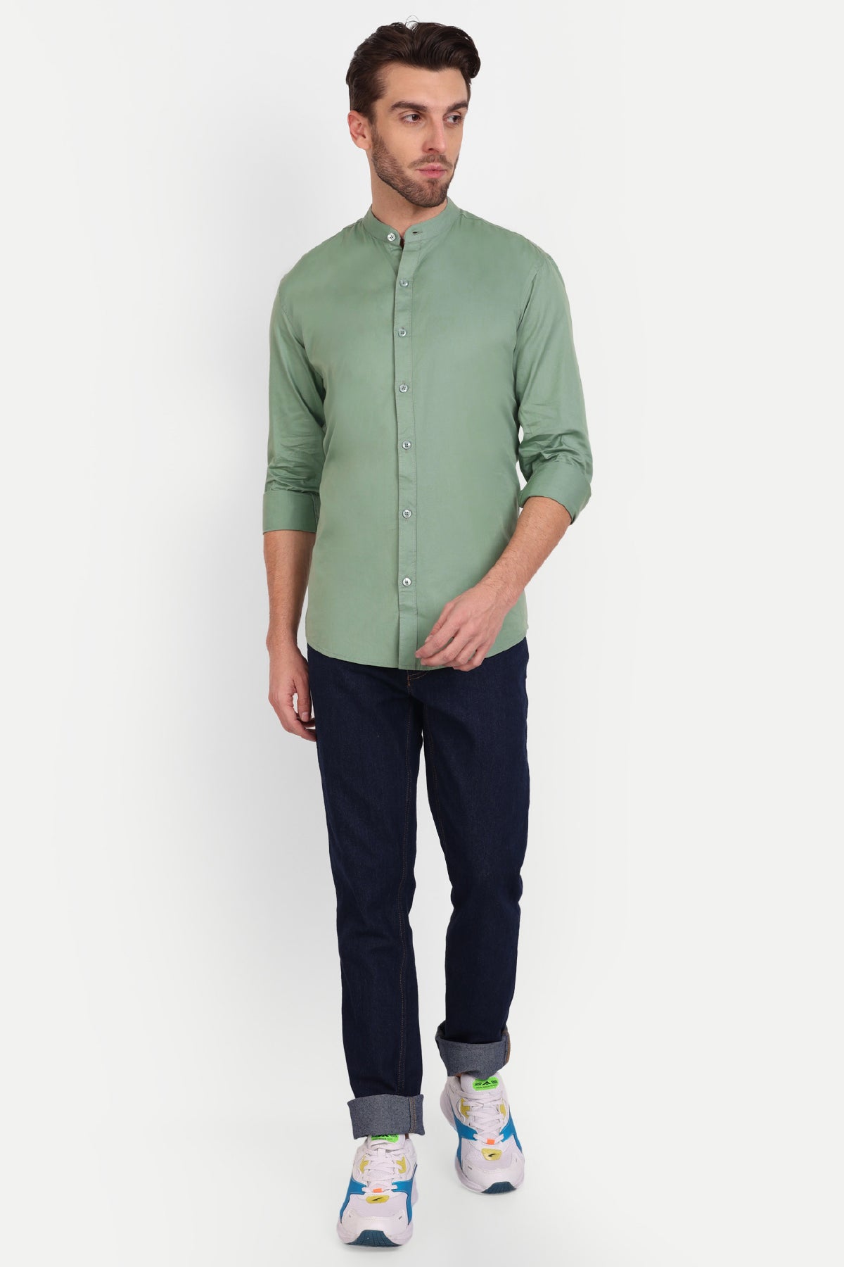Men Slim Fit Mandarin Collar Sage Green Shirt