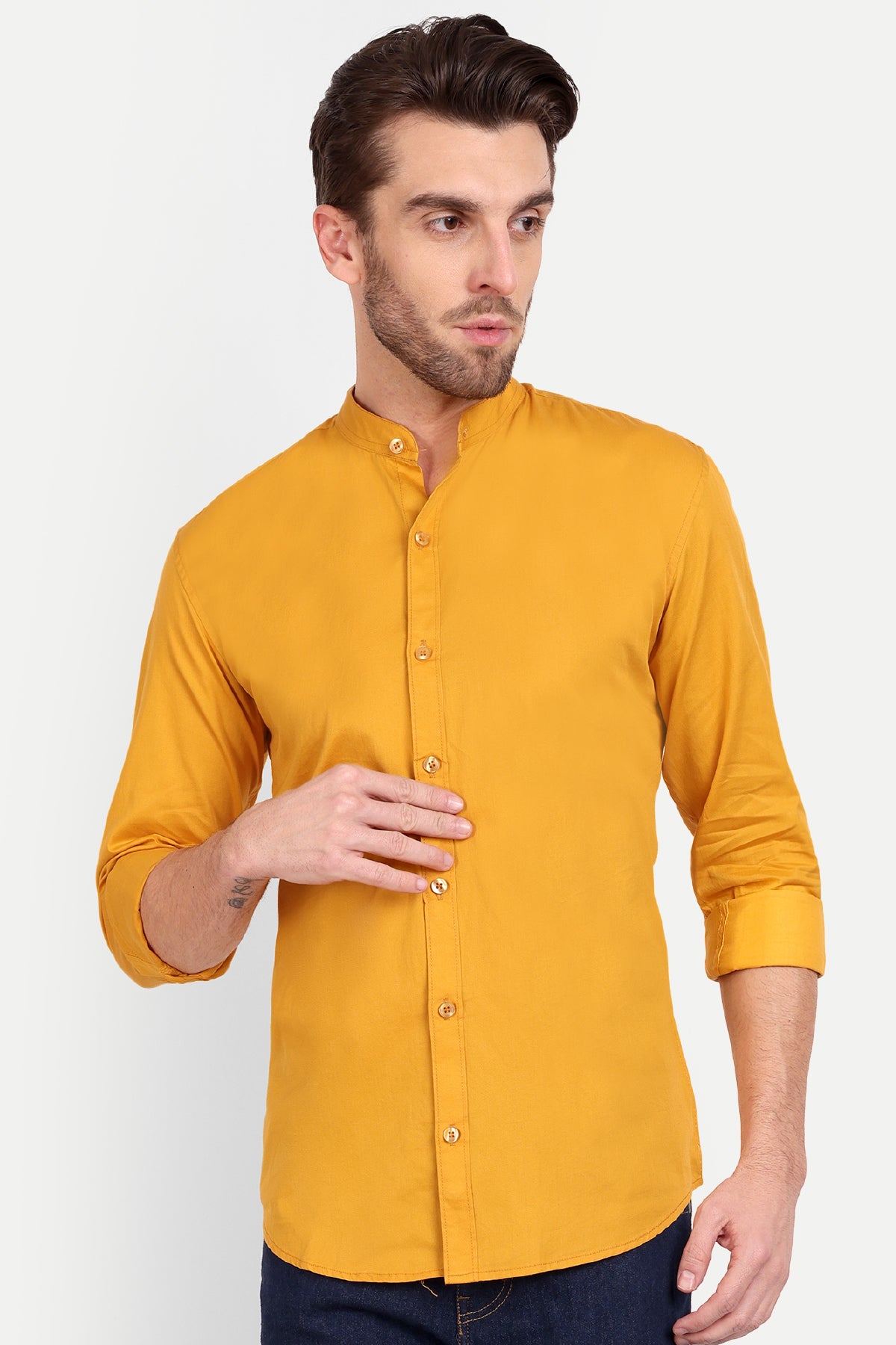 Men Slim Fit Mandarin Collar Mustard Shirt