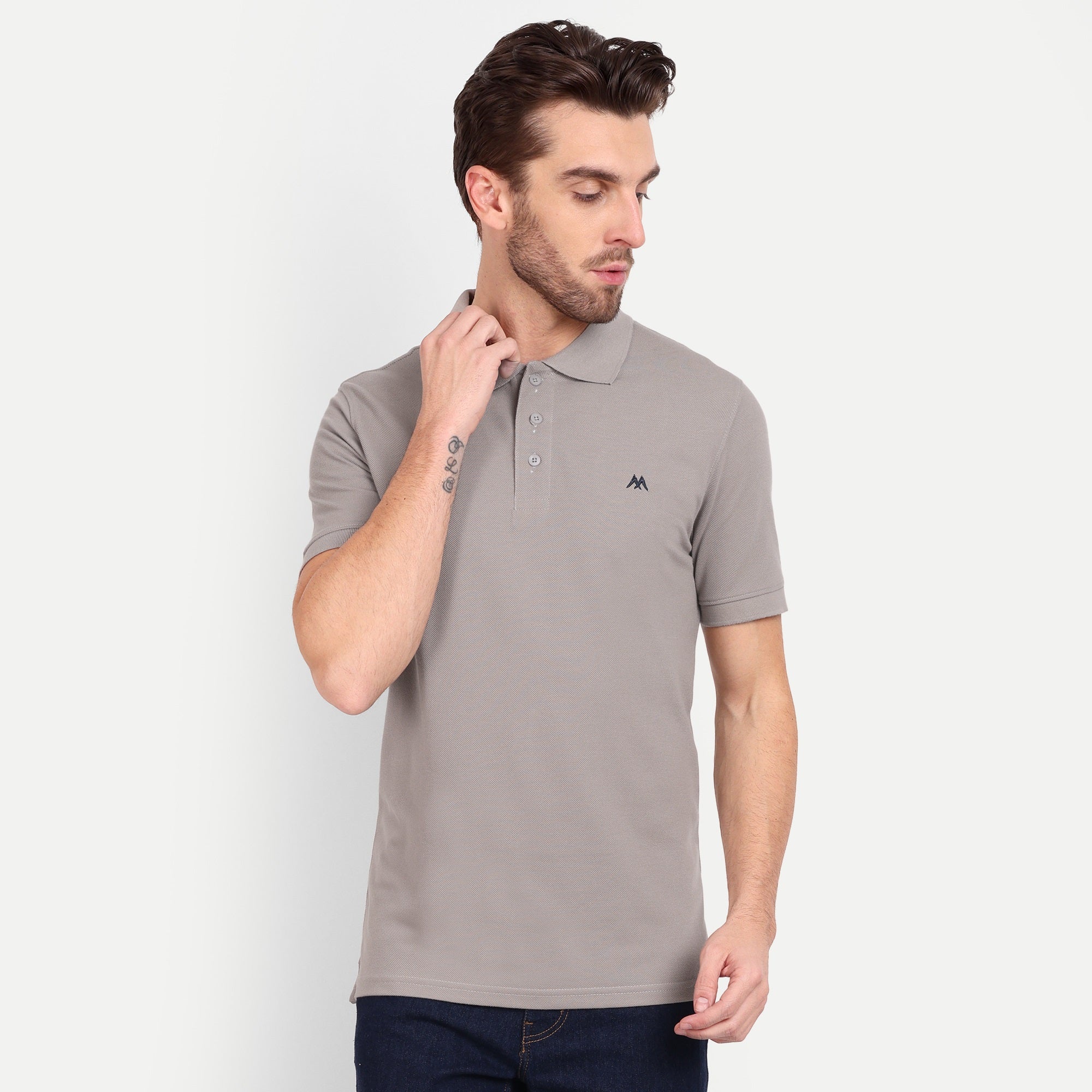 Men's Solid Grey Polo Neck T-Shirt