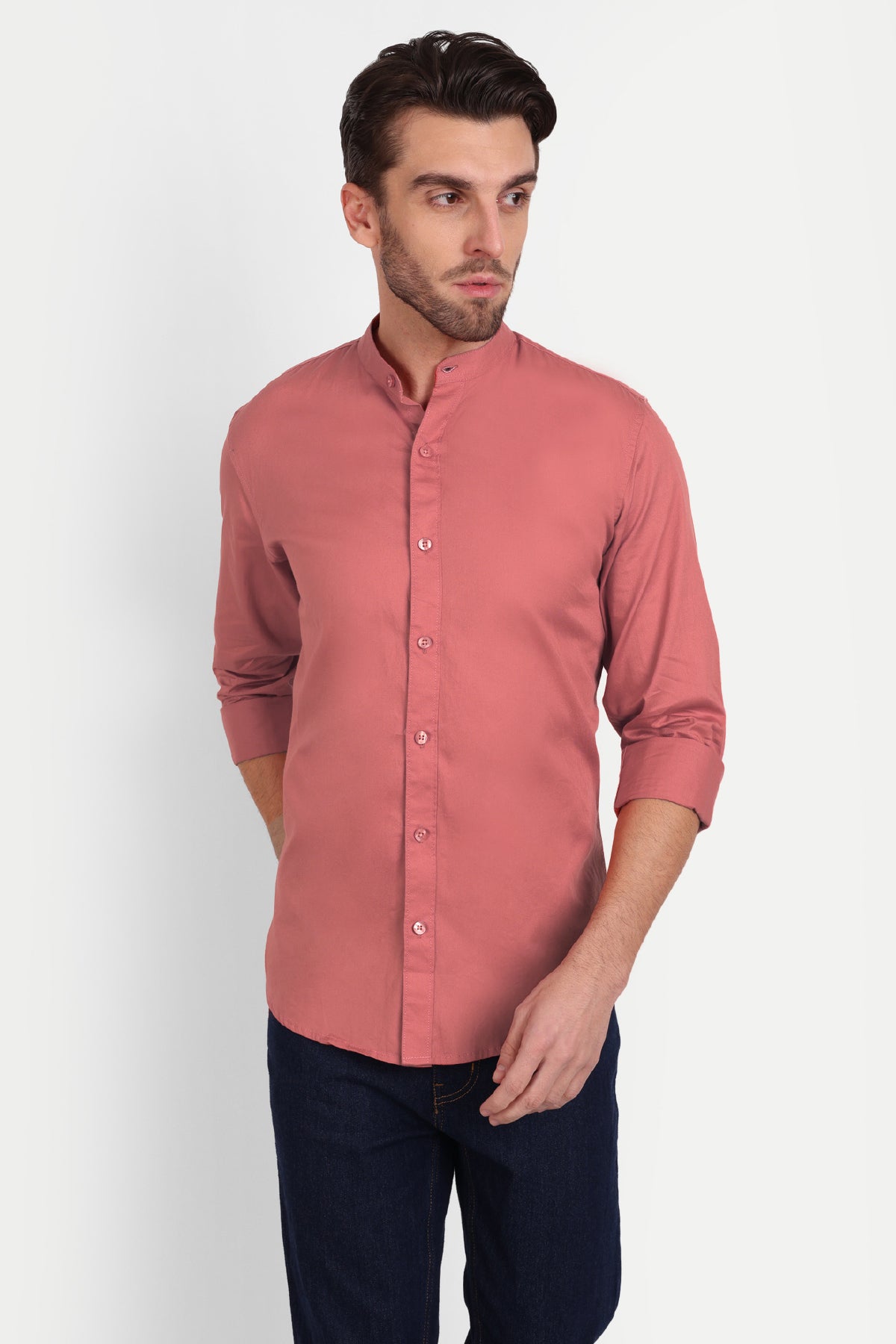 Men Slim Fit Mandarin Collar Salmon Pink Shirt