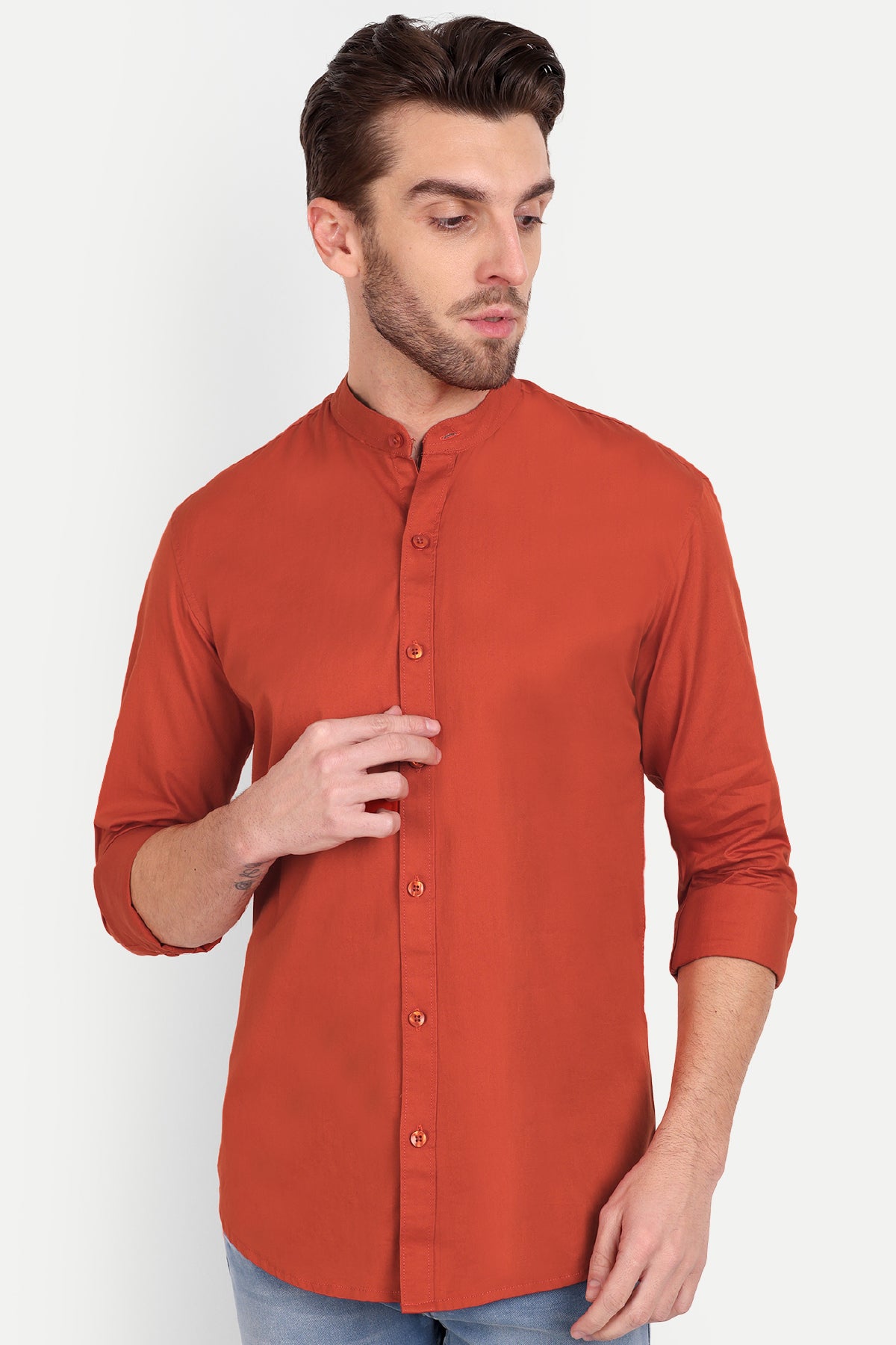 Men Slim Fit Mandarin Collar Rust Shirt