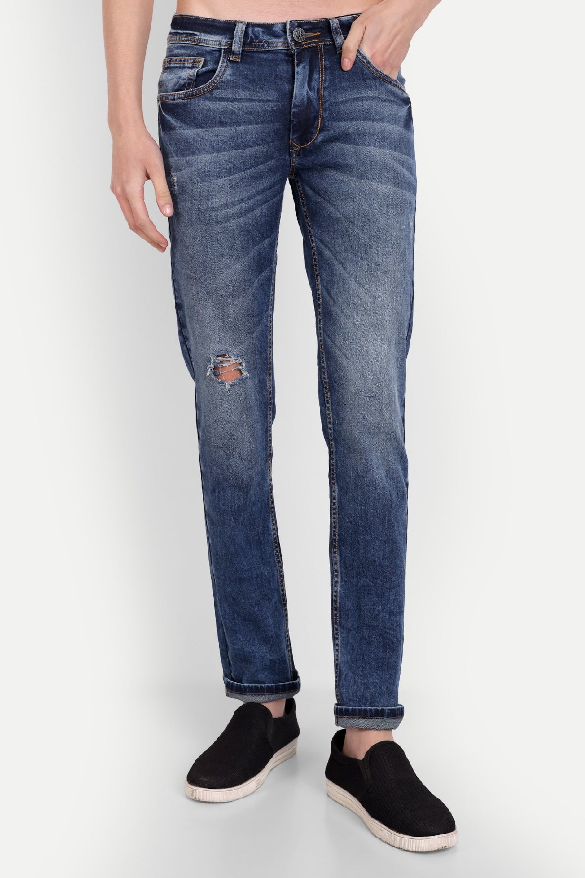 Men Mid Blue Distressed Slim Fit Jeans