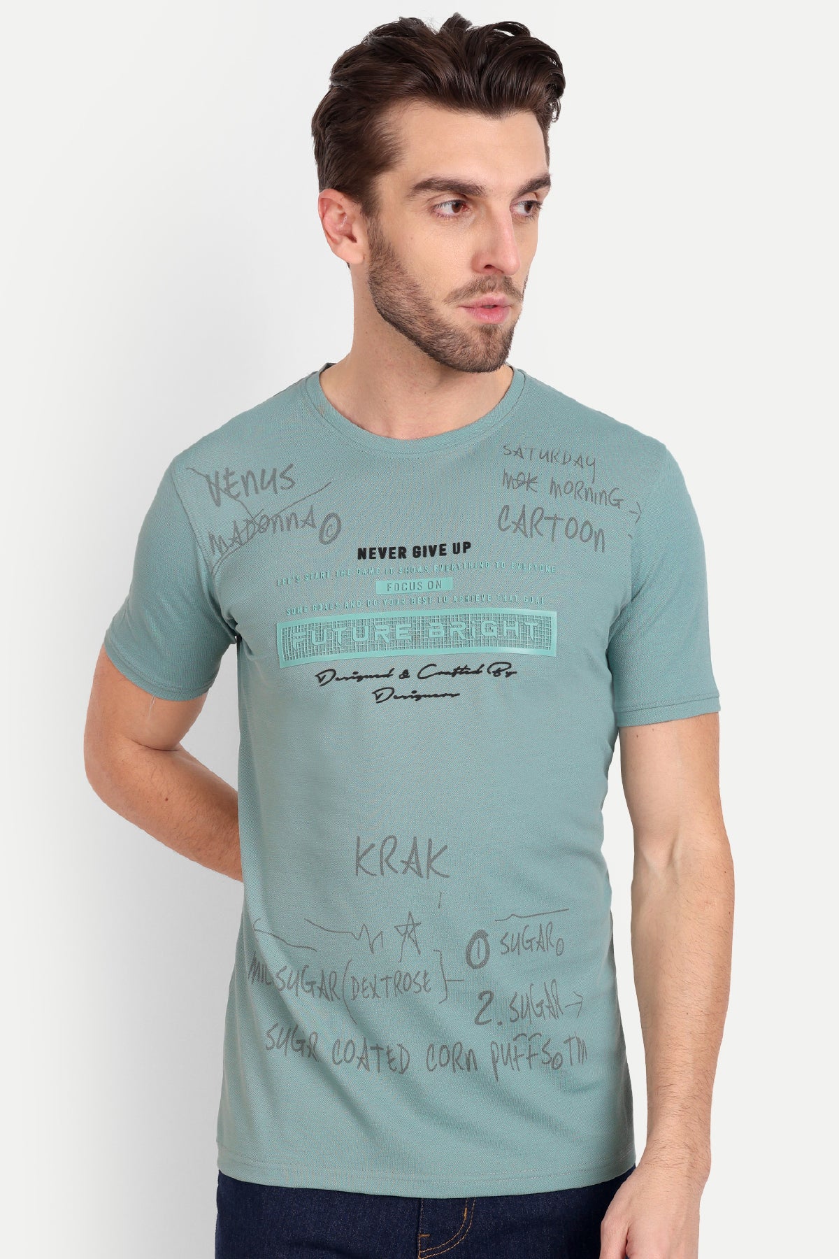 Printed Men Round Neck Dusty Green T-Shirt