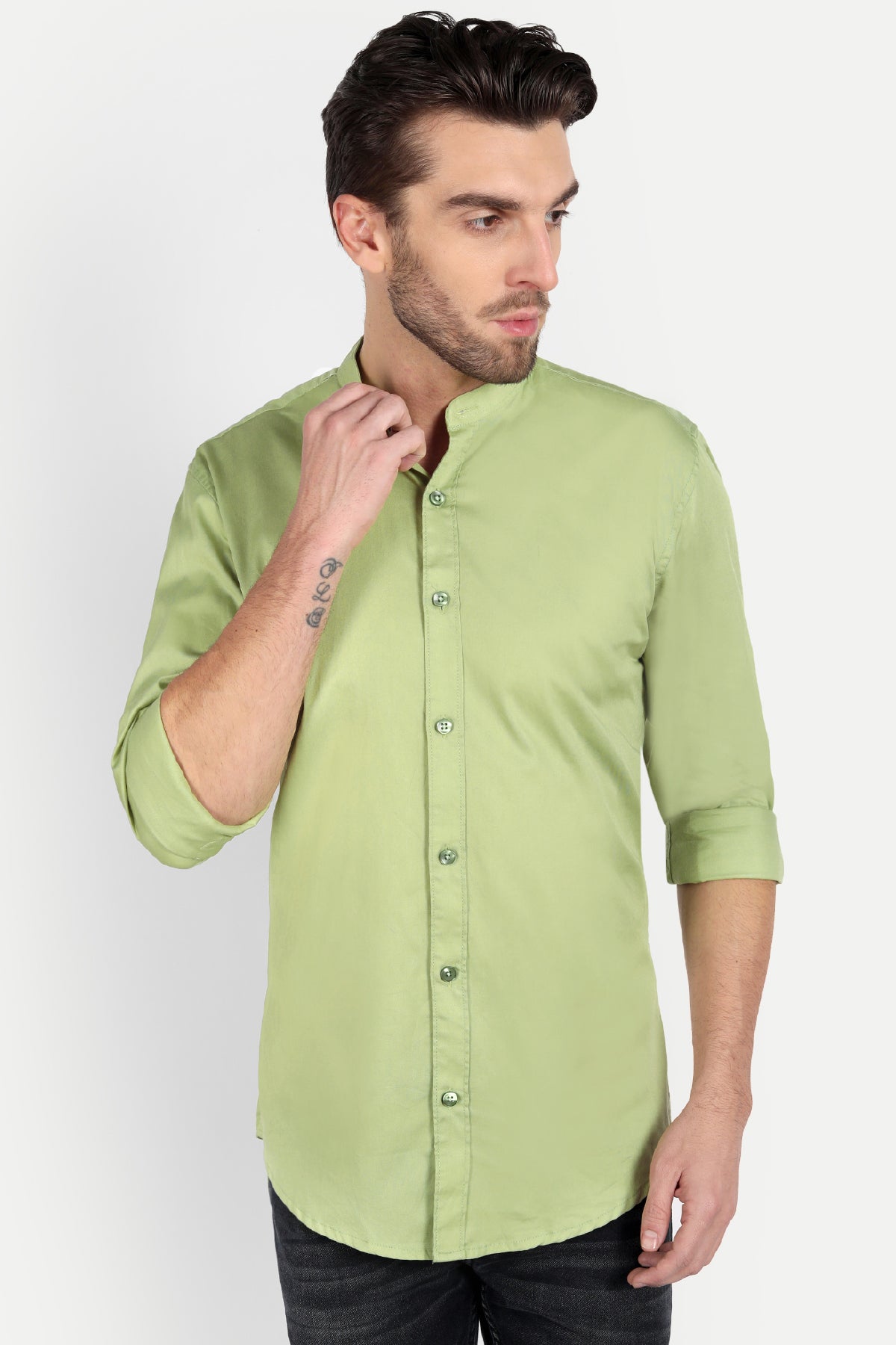 Men Slim Fit Mandarin Collar Lime Green Shirt