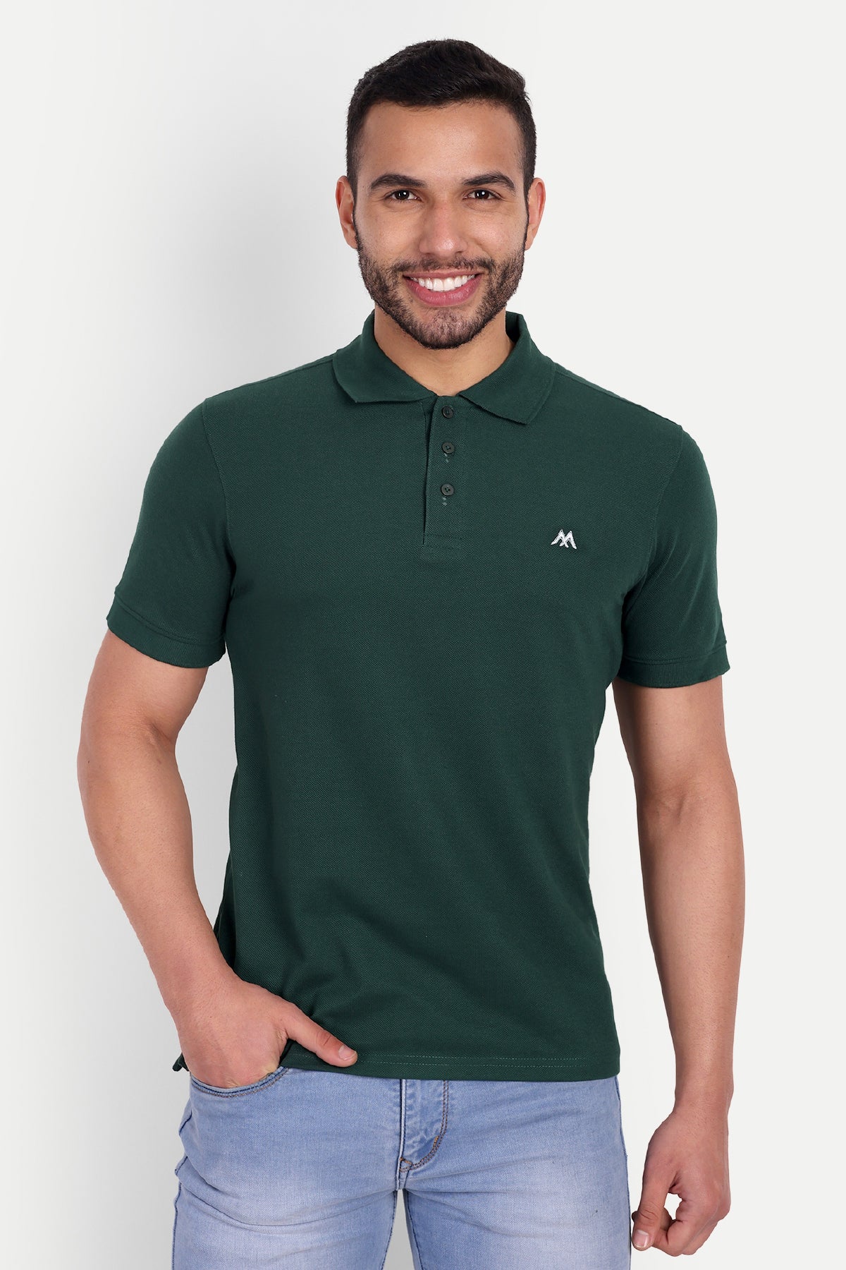 Solid Men Polo Neck Dark Green T-Shirt