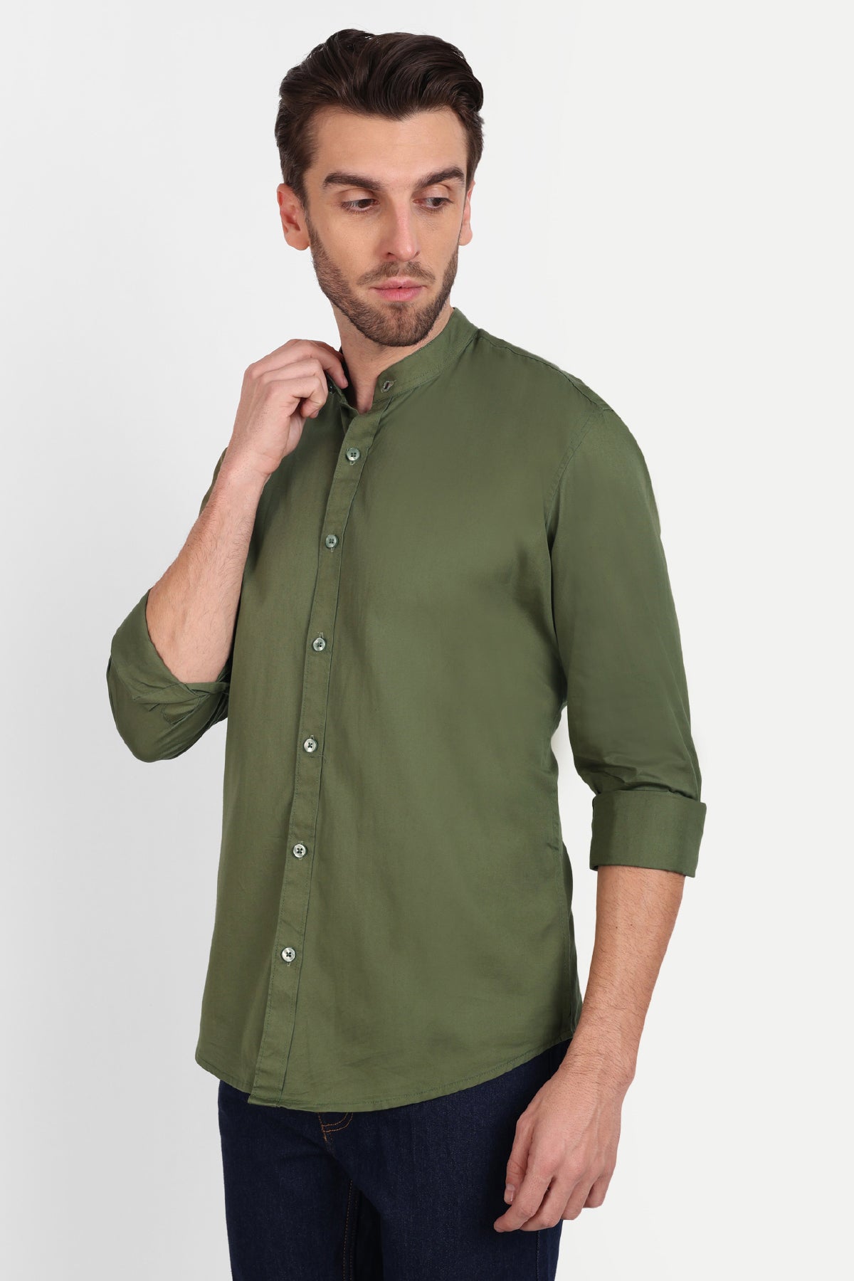 Men Slim Fit Mandarin Collar Olive Shirt