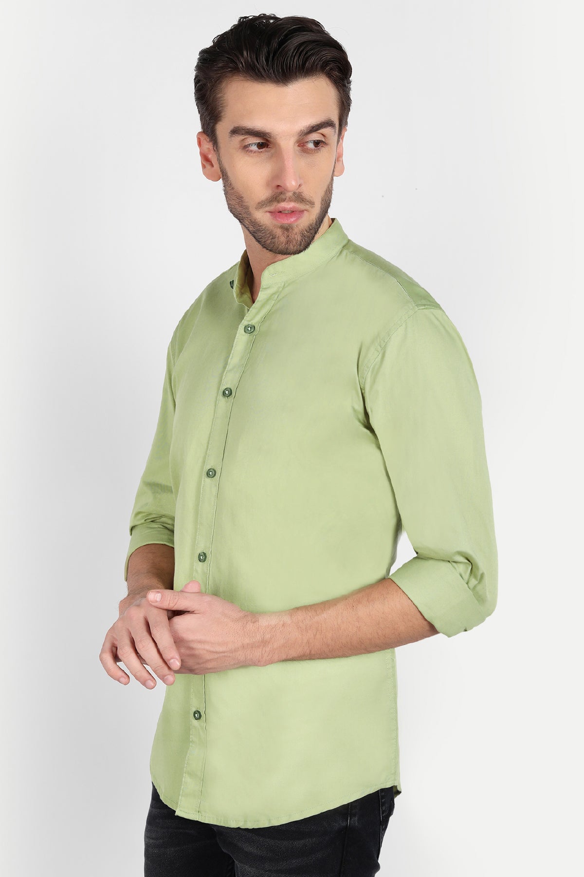 Men Slim Fit Mandarin Collar Lime Green Shirt