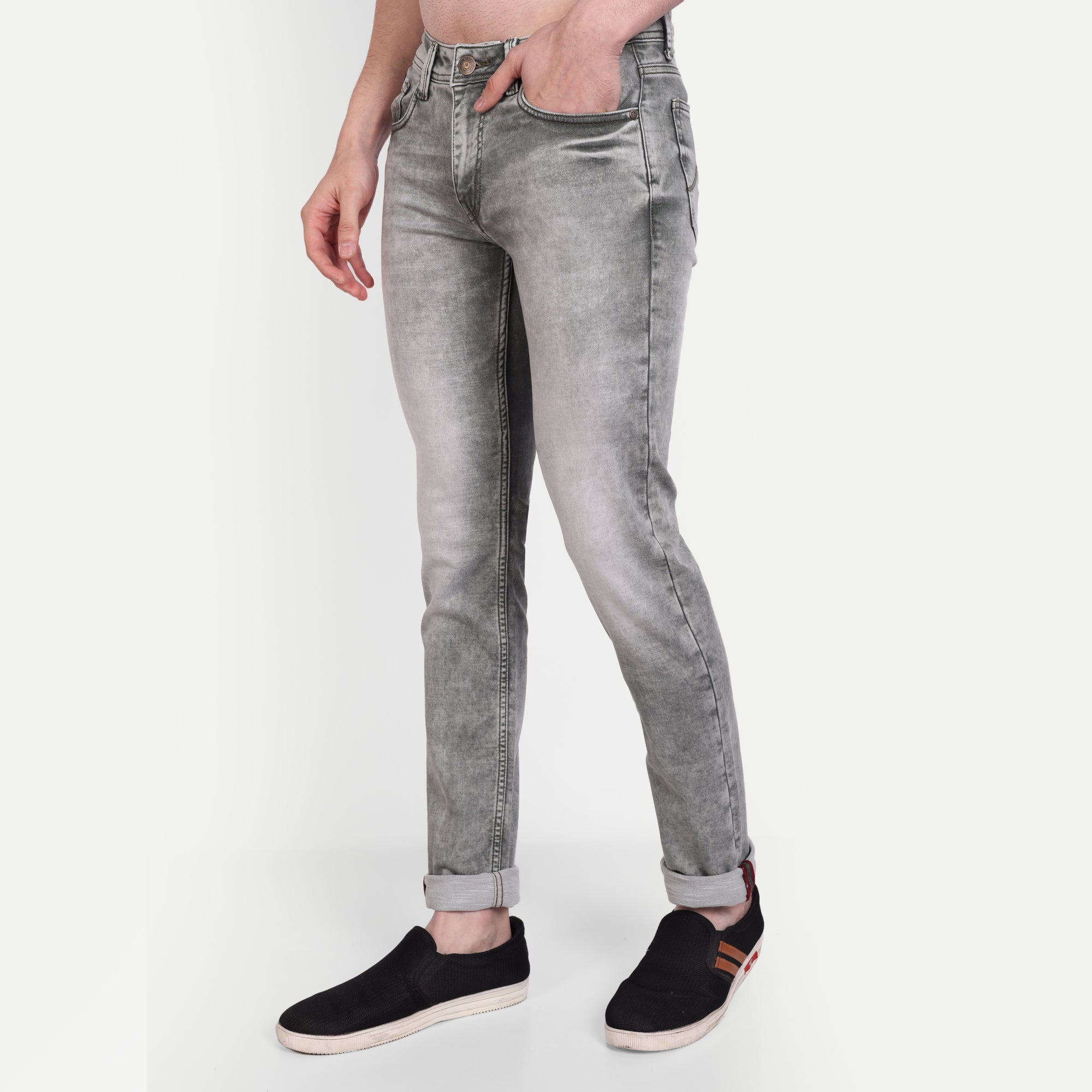 Grey Slim Fit Washed Denim Jeans for Men