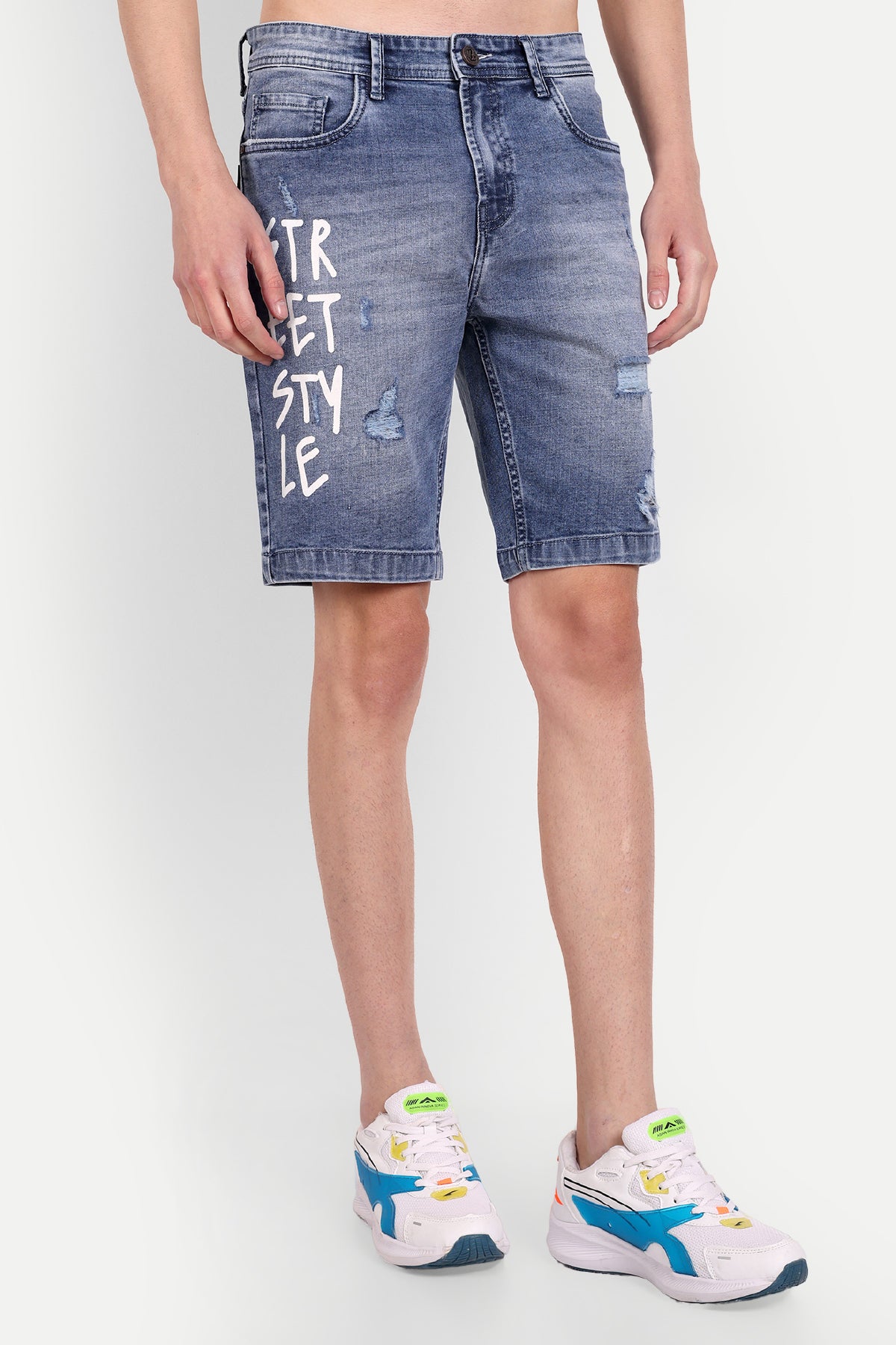 Men Distressed Solid Printed Blue Denim Shorts