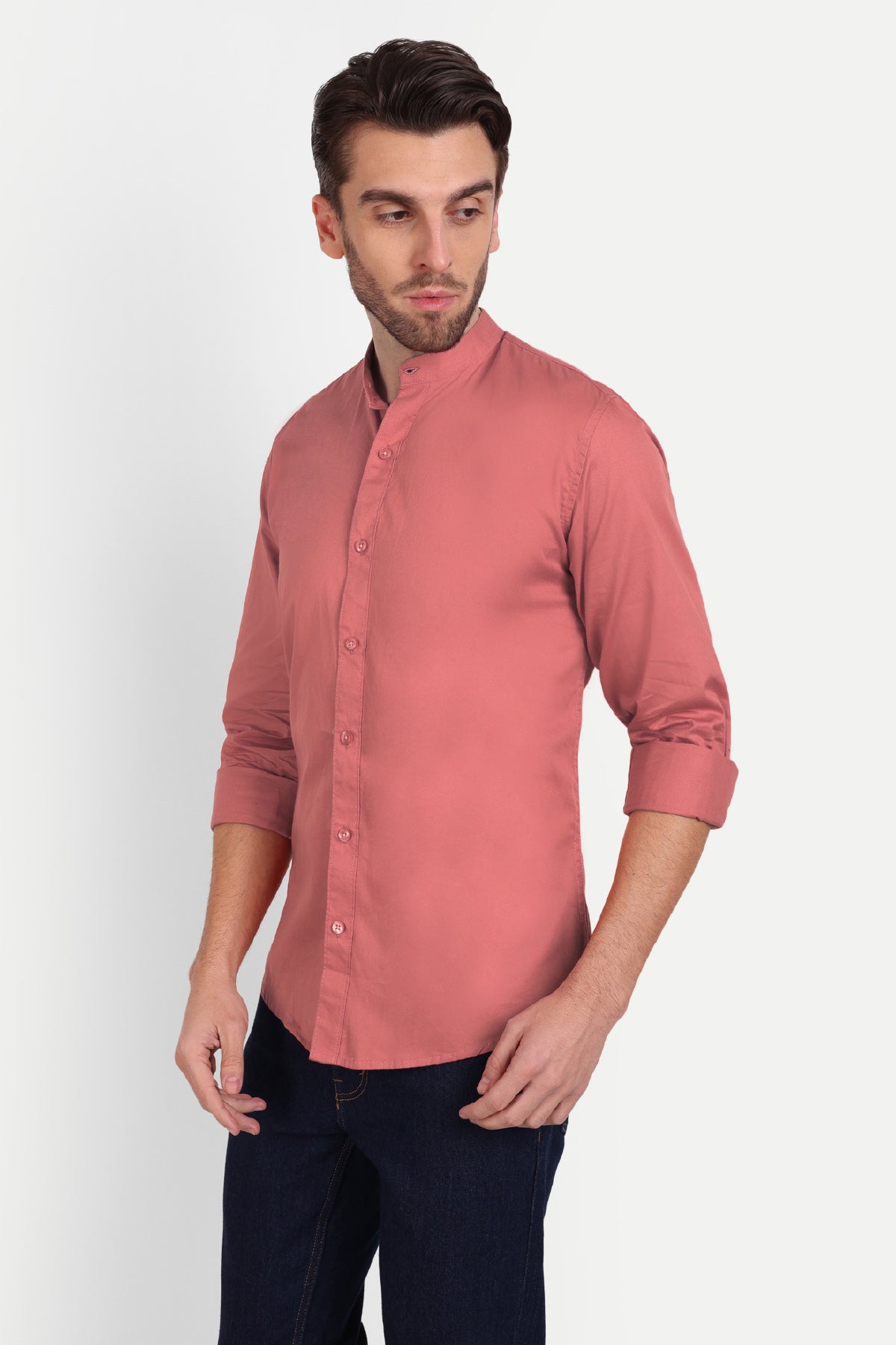 Men Slim Fit Mandarin Collar Salmon Pink Shirt