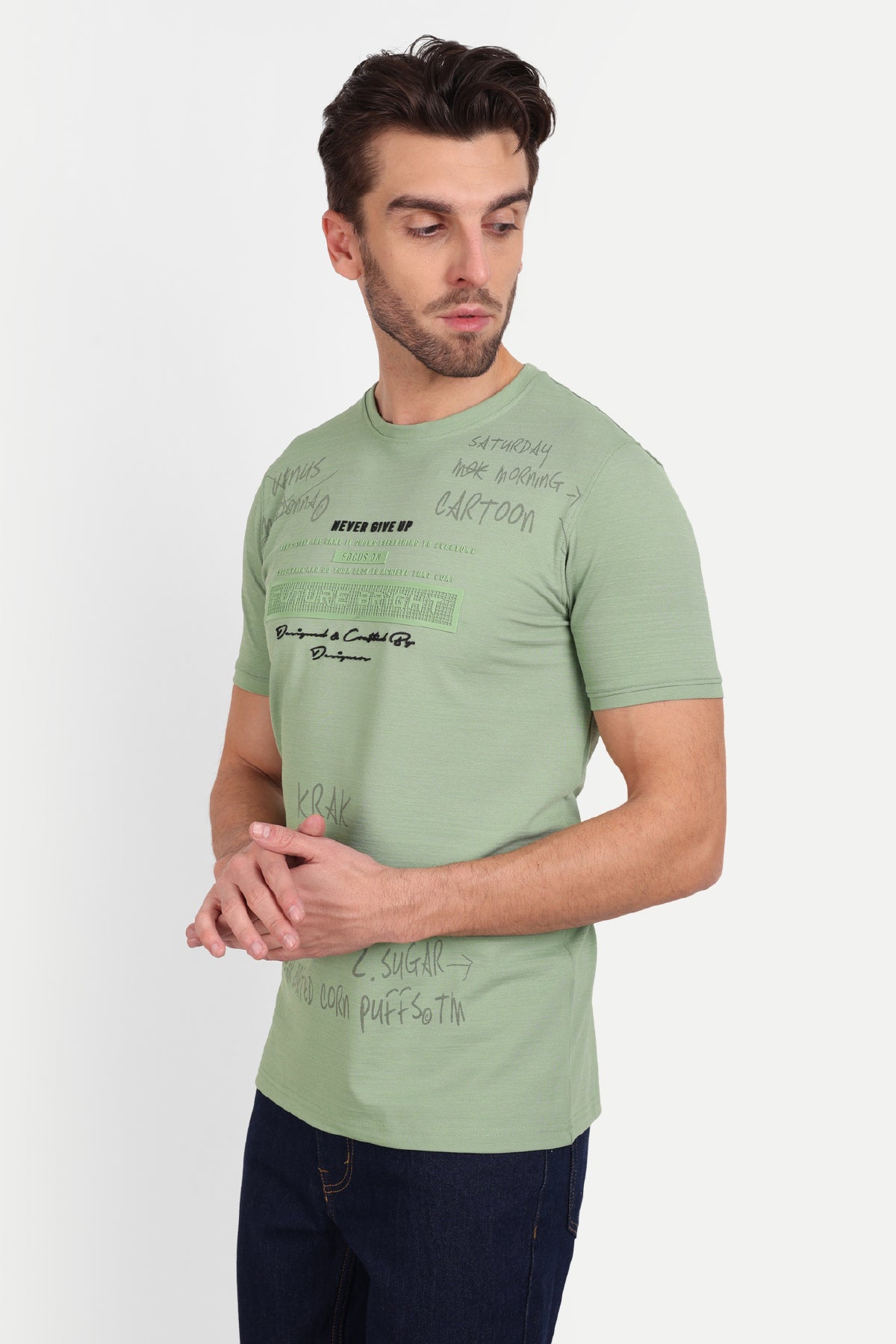 Printed Men Round Neck Spring Green T-Shirt