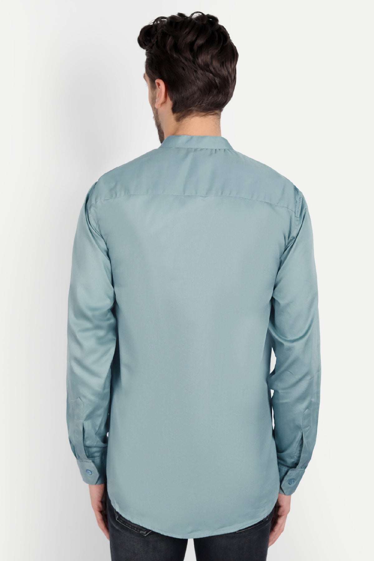 Men Slim Fit Mandarin Collar Light Teal Shirt