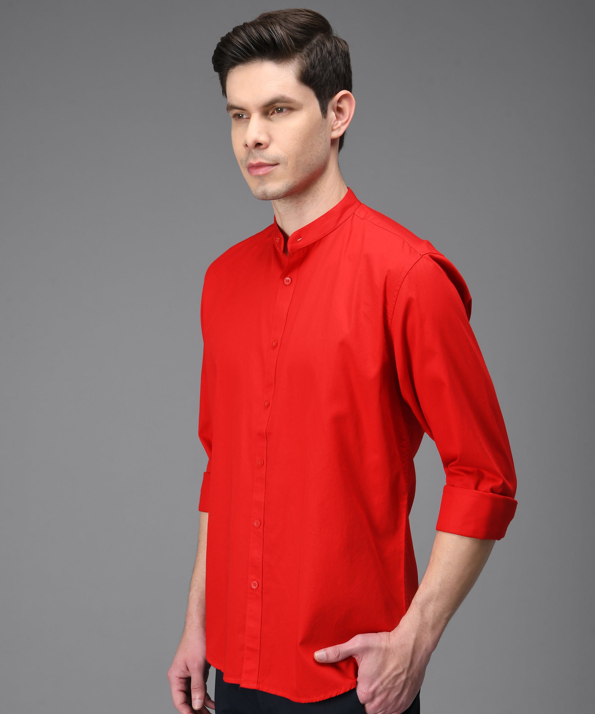Men Mandarid  Slim Fit Cherry Red Shirt