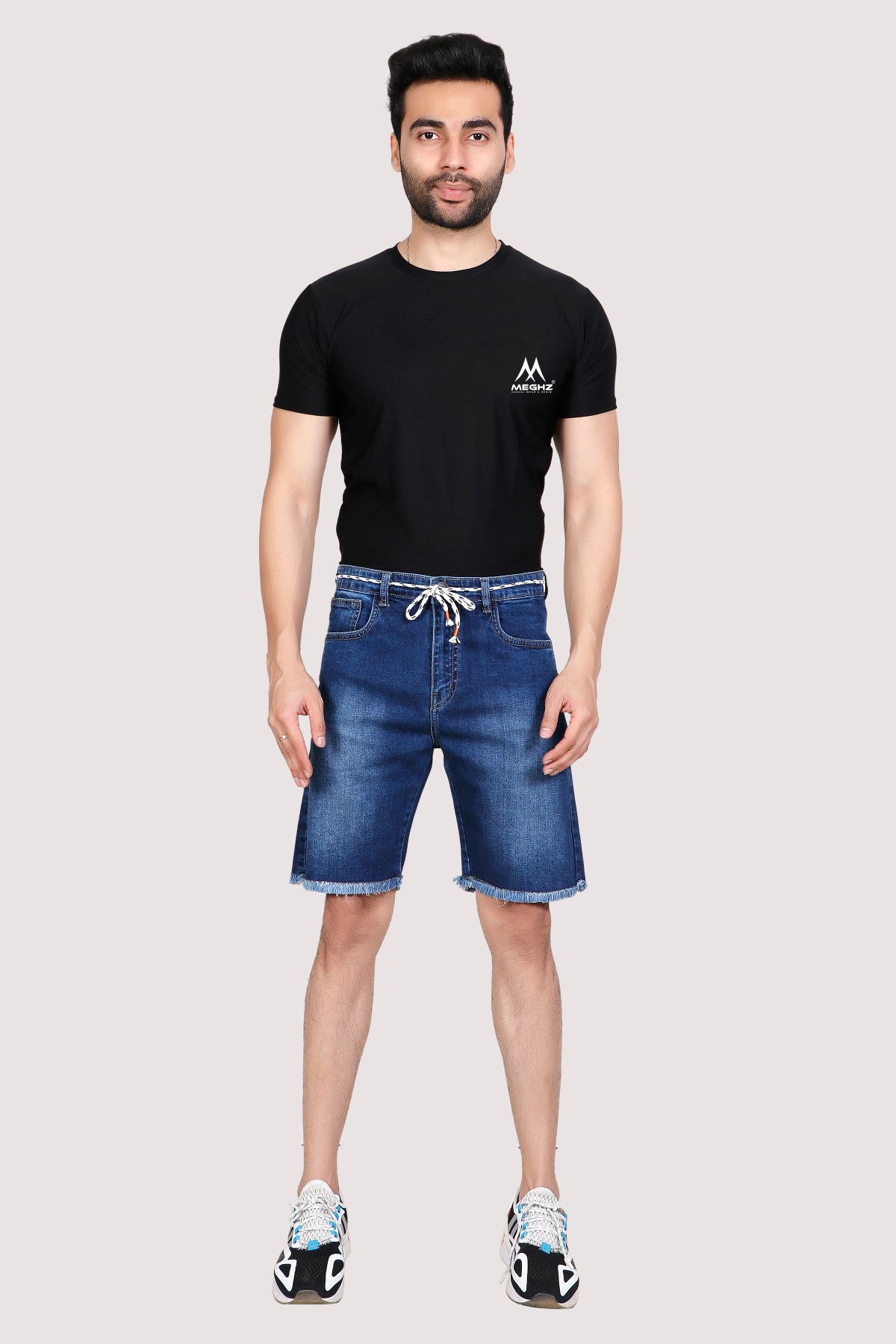 Men Dark Blue Denim Drawcord Shorts