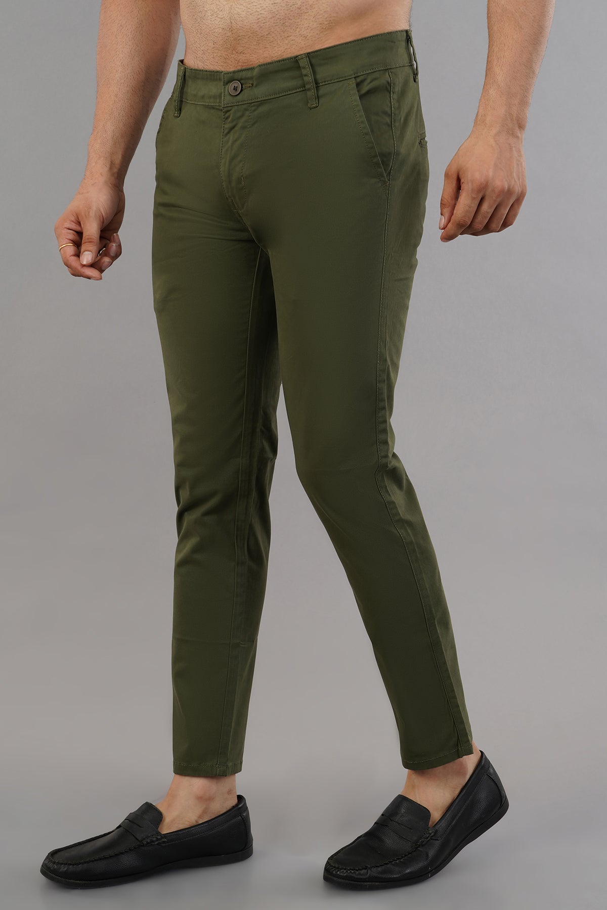 MENS ARMY GREEN CROPPED CHINOS
