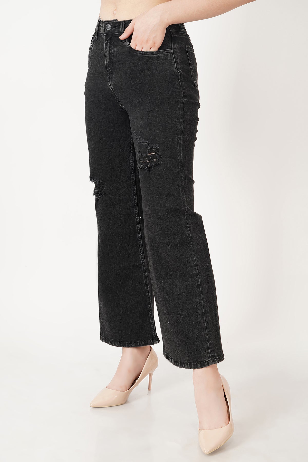 Women Charcoal Grey Essential Distressed with Wide Leg  Fit High-Rise Stretchable Jeans
