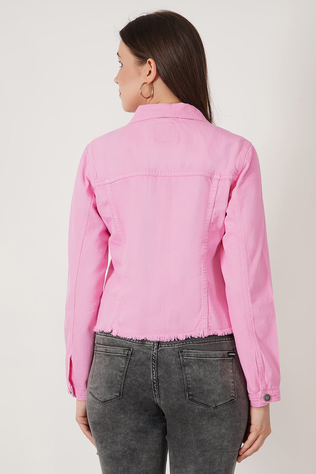 Women Pink Fringed Denim Jacket